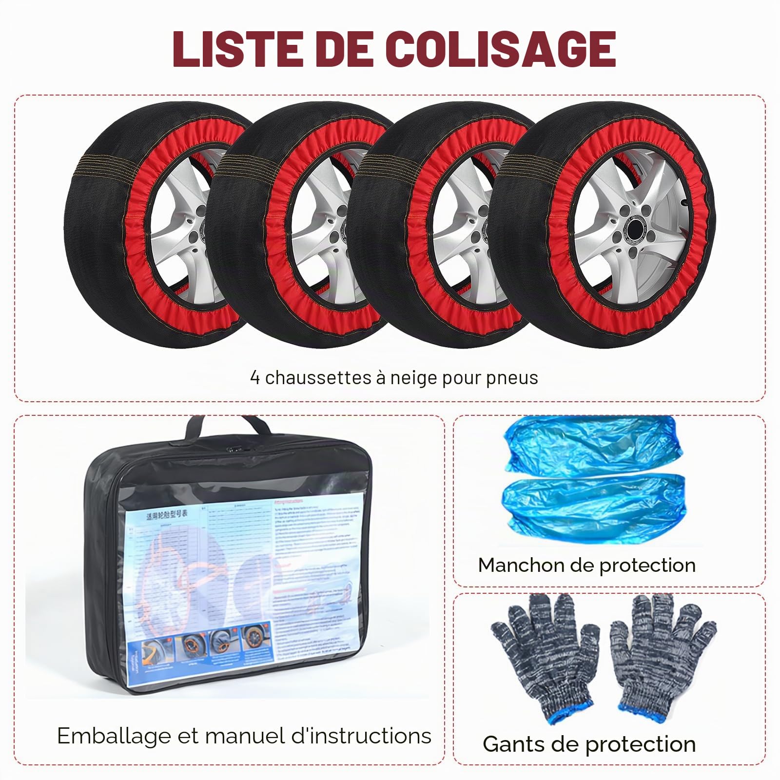 Chaussettes à neige pour pneus de voiture, chaîne neige textile épaissie antidérapante pour une meilleure traction hivernale avec gants et étui de transport pour voitures, SUV et camions universels (4