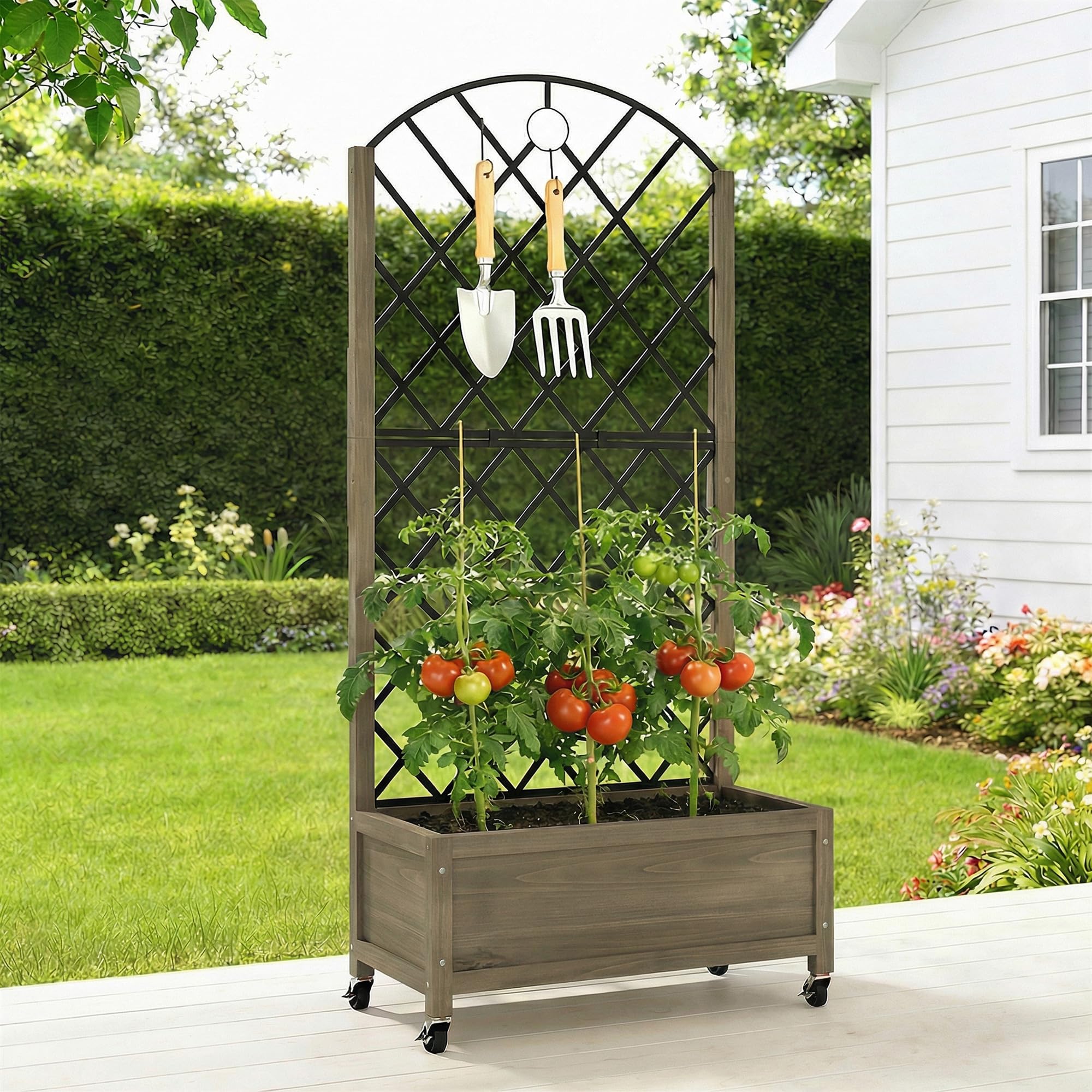 Outsunny Jardinera de Madera con Enrejado Metálico y Ruedas, Jardinera Exterior Grande para Plantas Trepadoras, Macetero Elevado para Patio, Terraza, 72x36x168 cm, Carbonizado