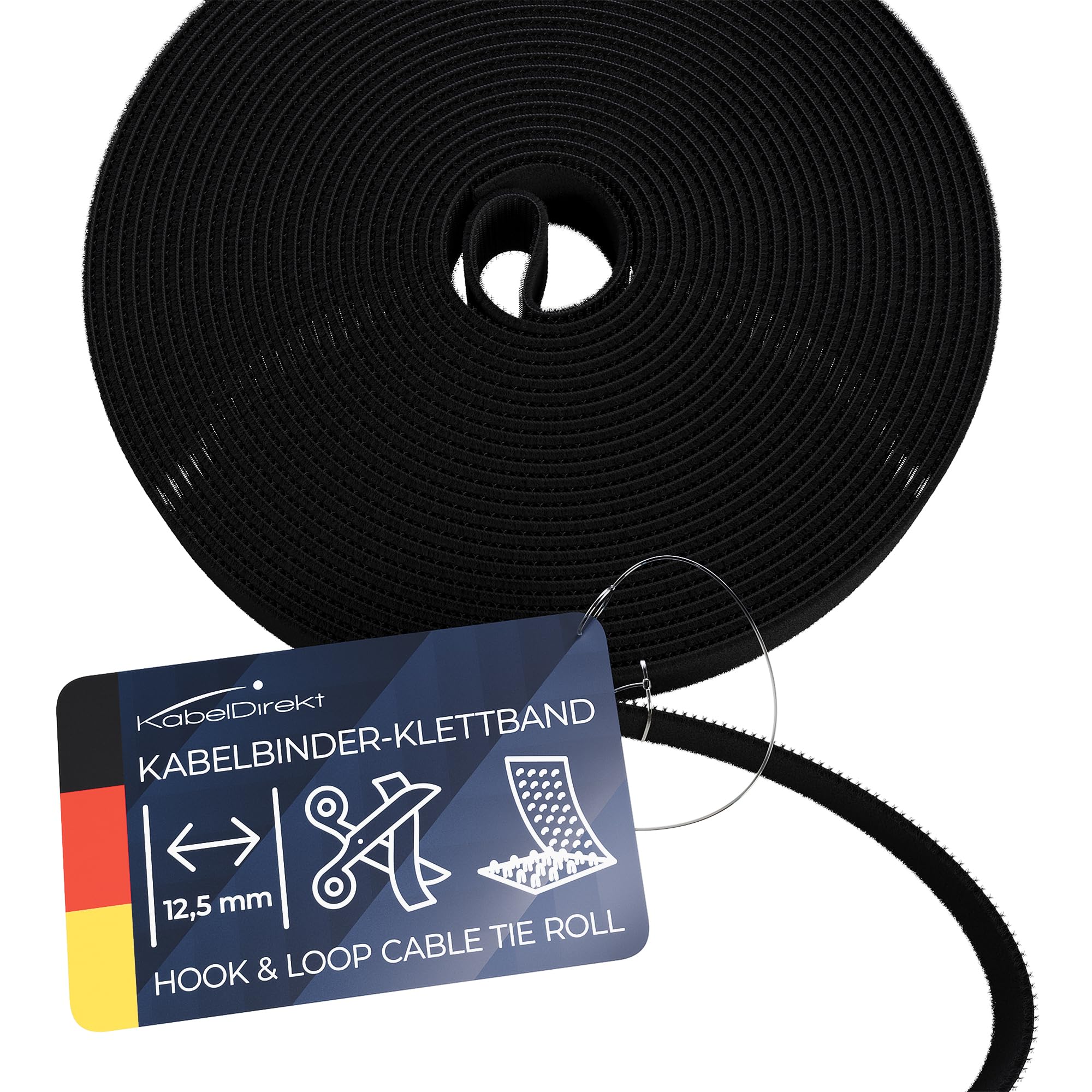 KabelDirekt – Hook & Loop Cable Ties – 5m × 12.5mm – Environmentally Friendly Cable tie roll, Individually cuttable & Reusable (Black)