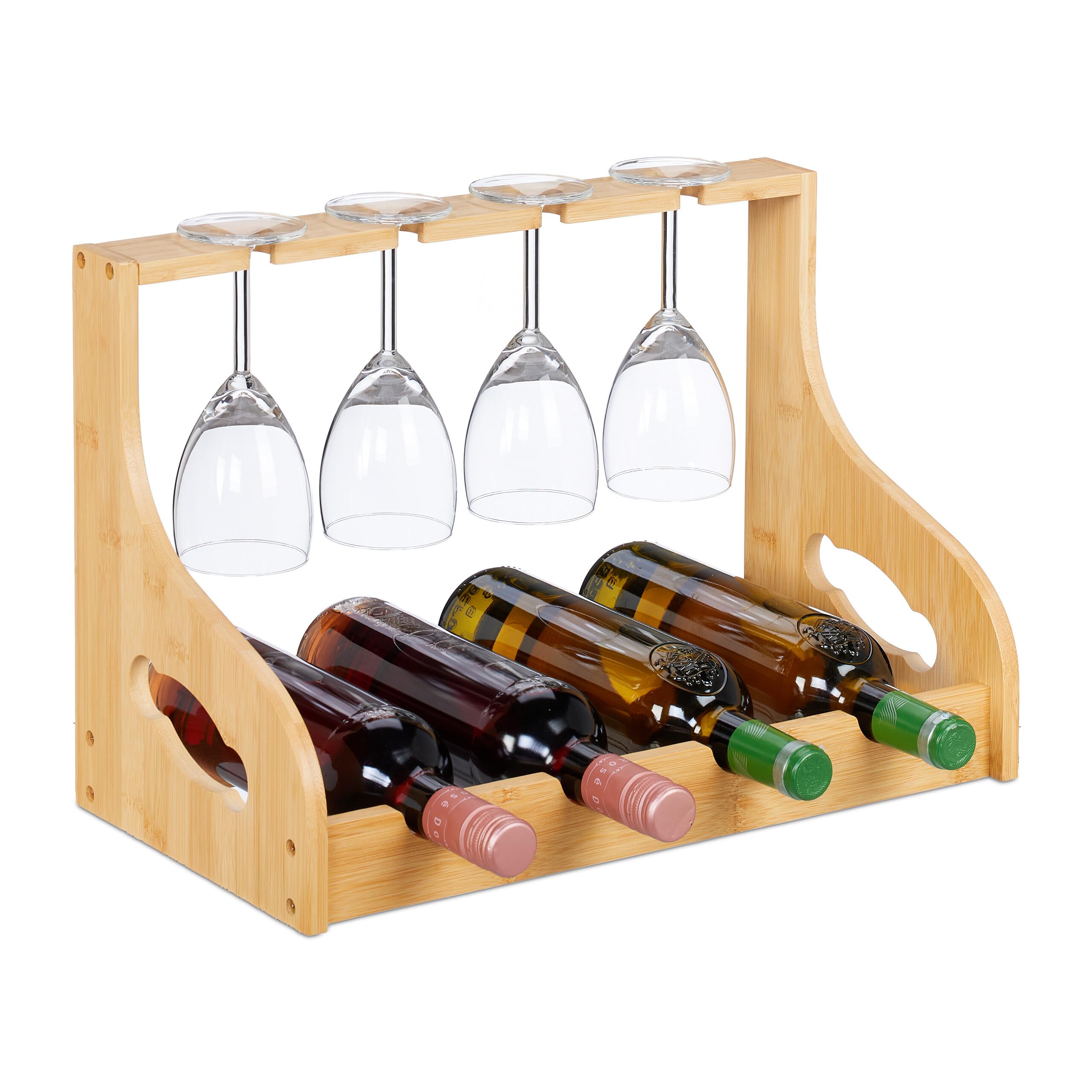 Relaxdays Wine Rack Holder, for 4 Bottles & Glasses, Bamboo, HxWxD: 30 x 44.5 x 23.5 cm, Bar Storage, Natural