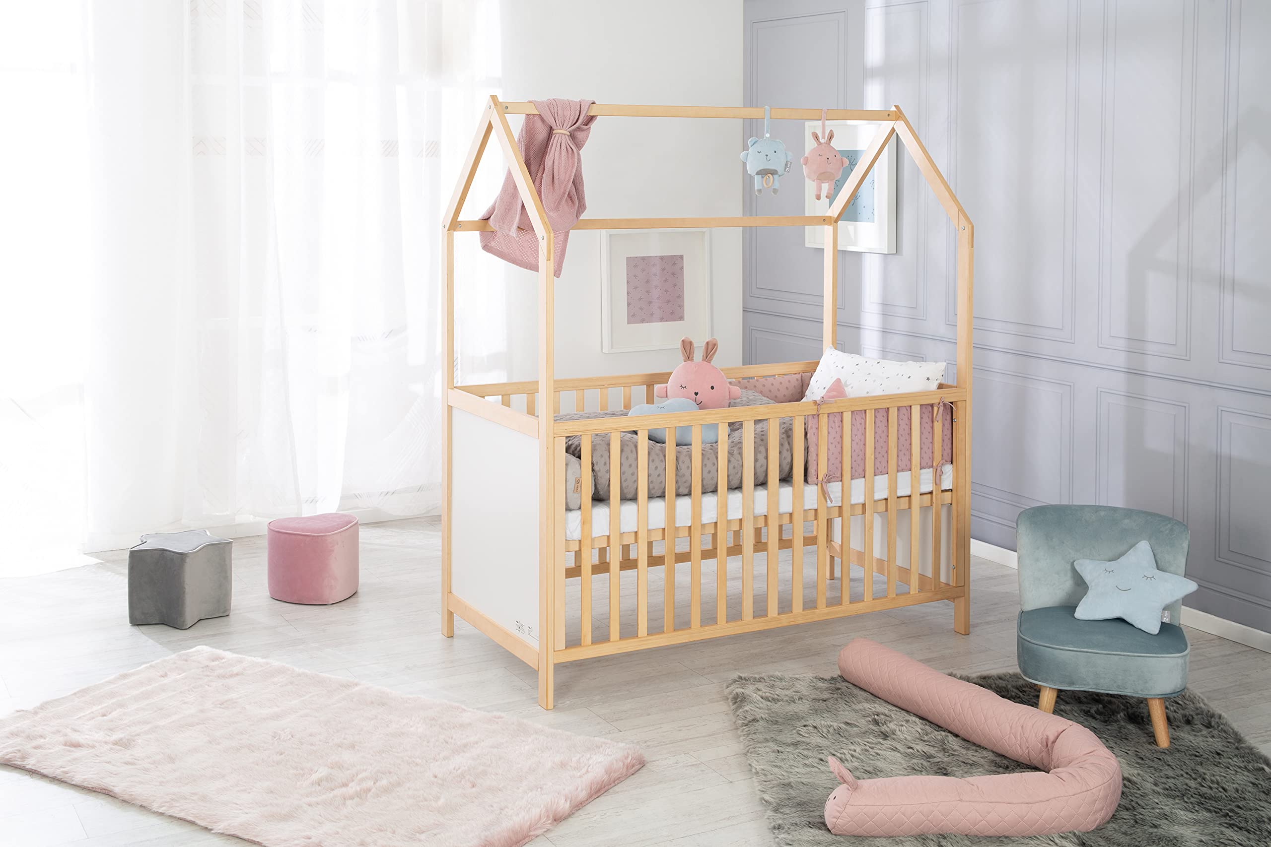 roba Cuna de Bebé en Forma de Casa 70 x 140 cm - Certificación FSC - Cama Infantil Altura Ajustable - Convertible en Cama Juvenil - Madera Bicolor