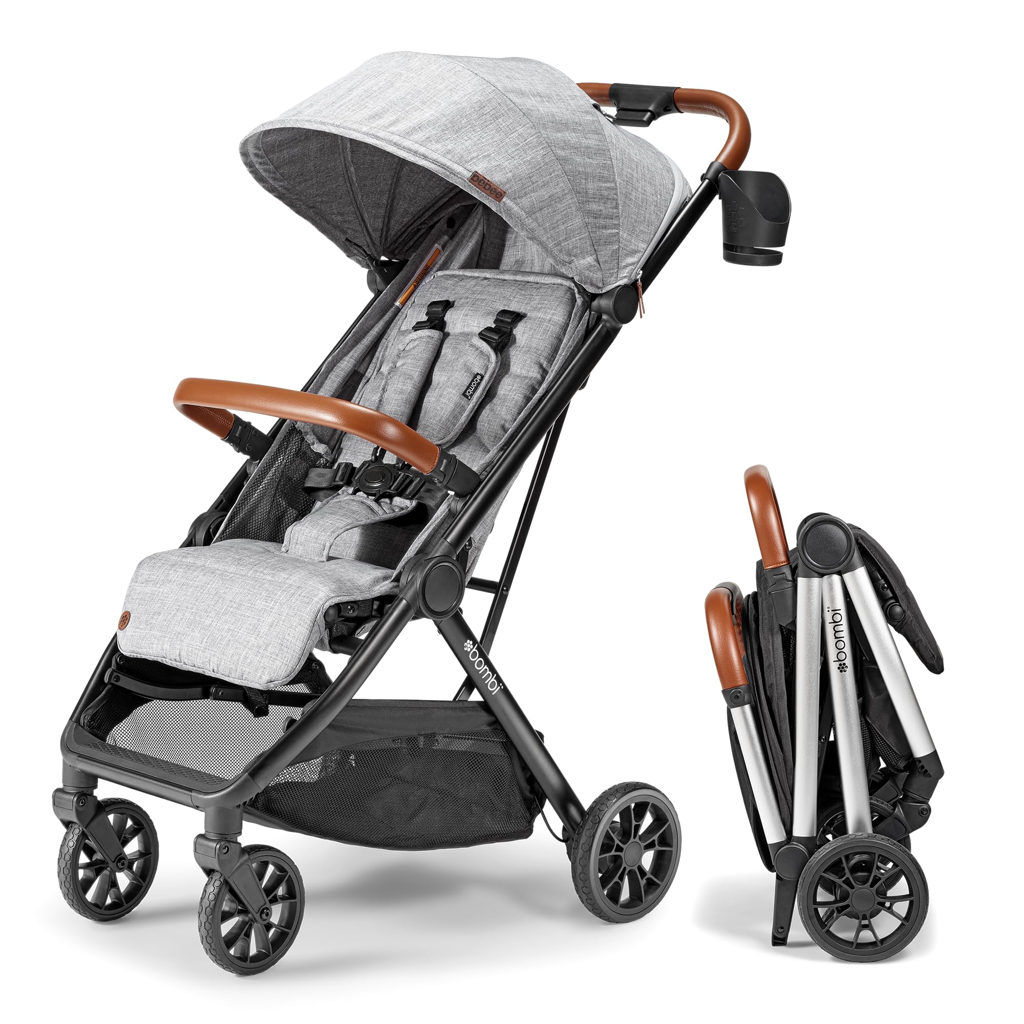 Bombi B?bee V2 Lightweight Baby Stroller - Premium Vegan Leather, One-Hand Fold, Infinite Recline, Aircraft-Grade Aluminum Frame, XXL Canopy, and Ample Storage Umbrella Stroller - Stone Gray