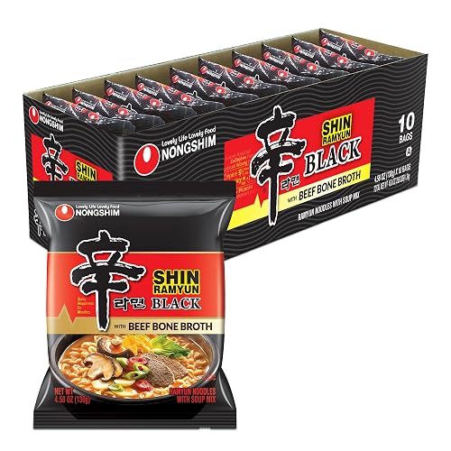 Nongshim Shin Ramyun Black with Premium Beef Broth, 4.58 Ounce (Pack of 10) | Korean noodle soup with garlic-onion depth, mushroom and green onion flakes, layered chili-pepper heat - 4.58 Ounce (Pack of 10)
