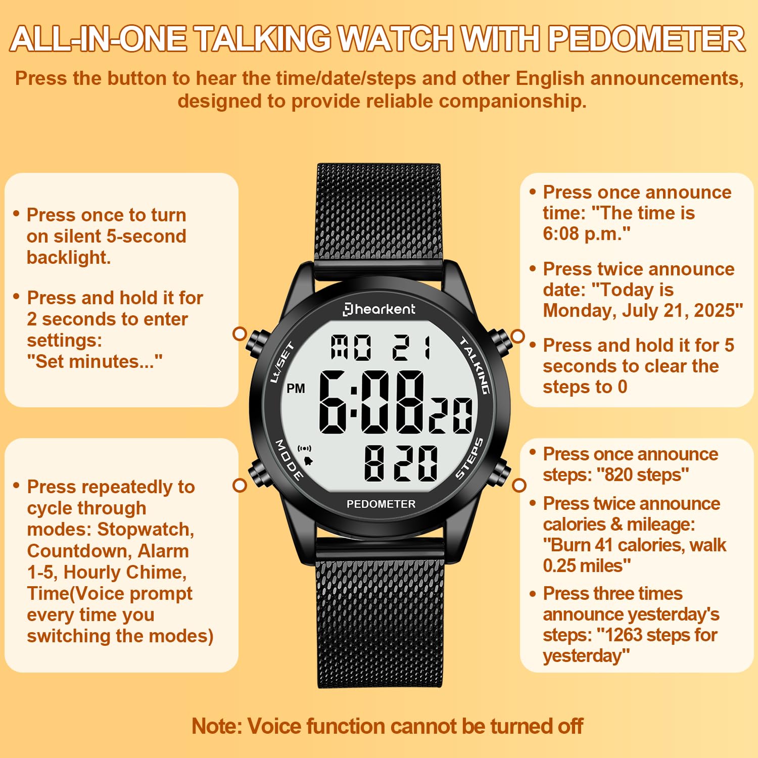 Hearkent Montre parlante numérique avec podomètre, heure/date/pas/calories en anglais, 5 alarmes, rétroéclairage EL, grand nombre, pas de Bluetooth pour personnes âgées/aveugles