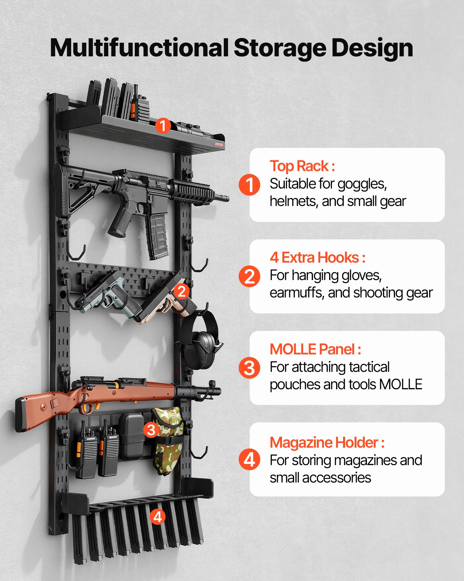VEVOR Gun Rack Wall Mount, Heavy Duty Steel, Indoor Rifle Shotgun Rack with Magazine Holder, MOLLE Panel, Gun Accessories Display Storage Holder, Hold Up to 5 Rifles or Shotguns, for Tactical Gear - 4