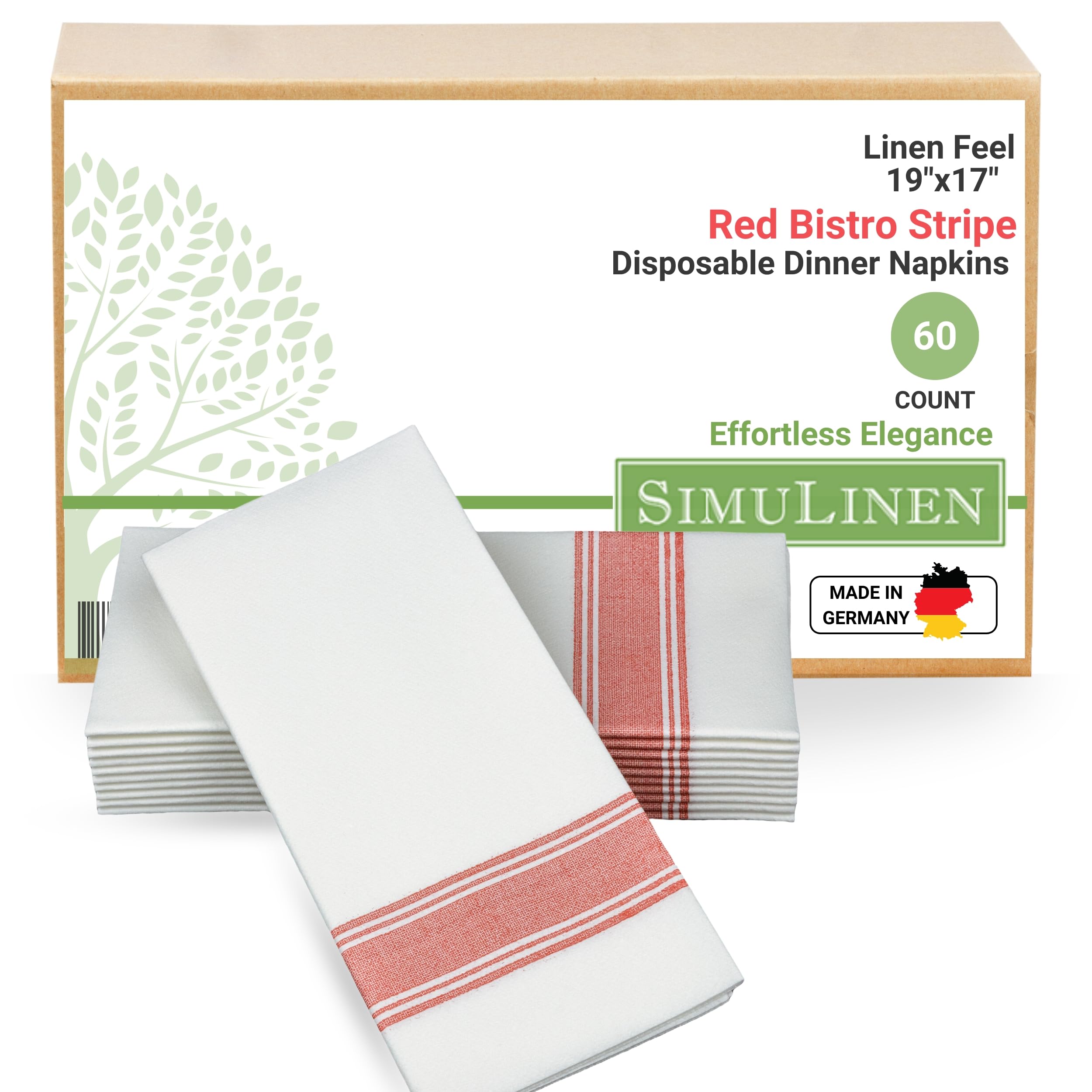 SimulinenFarmhouse Bistro White & Red Stripe Dinner Napkins Cloth-Like Disposable Napkins Paper - Soft, Absorbent, Durable, Large (19"x17" - Box of 60)