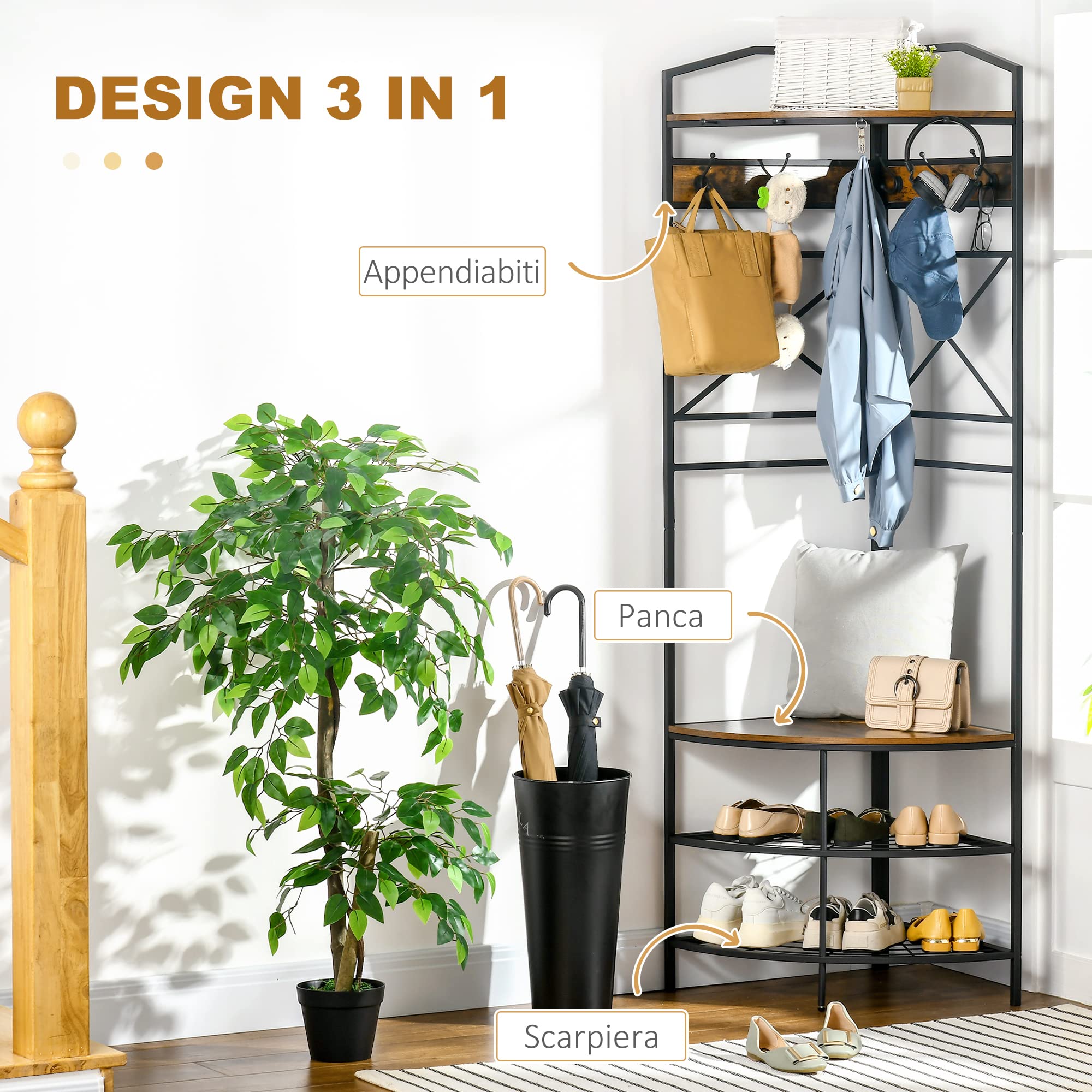 HOMCOM Attaccapanni da Terra con Ganci, Mobile Ingresso Appendiabiti da Terra Angolare con Panca e Scarpiera, Mensola in Stile Industriale, 50x50x183cm, Marrone