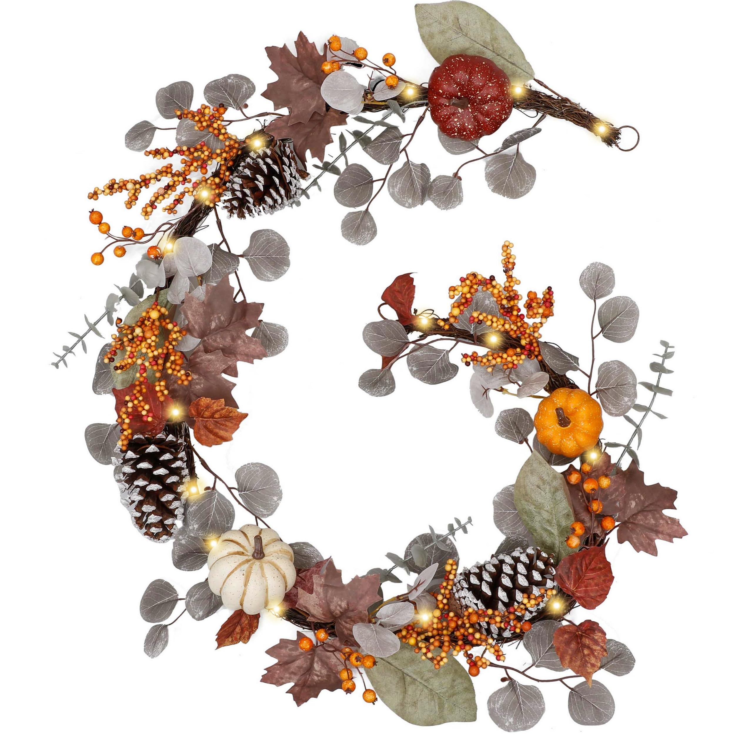 Valery Madelyn Herbstgirlande mit Kürbisen, Ahornblättern, Tannenzapfen, Beeren, hängende Rankengirlande, Erntedank-Dekoration für Herbst, Zuhause, Hochzeit, Innen- und Außenbereich, Kamin-Eingang