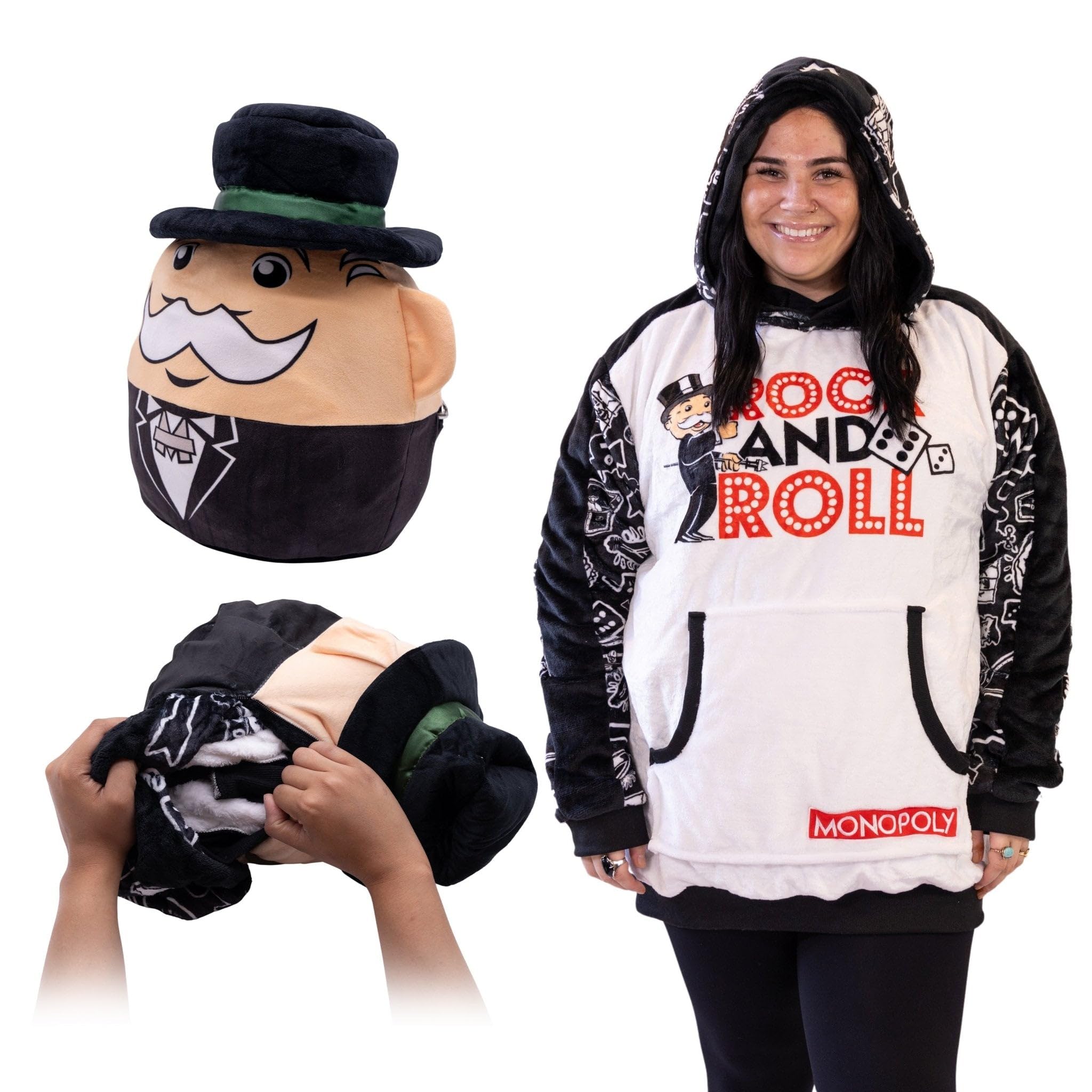 Monopoly Plushible Wearable Blanket Hoodie, Hasbro Rock & Roll, 2-in-1 Oversized Hoodie Blanket Pillow, Long Sleeve Sweatshirt Pocket, Cozy Valentine Gift for Men & Women