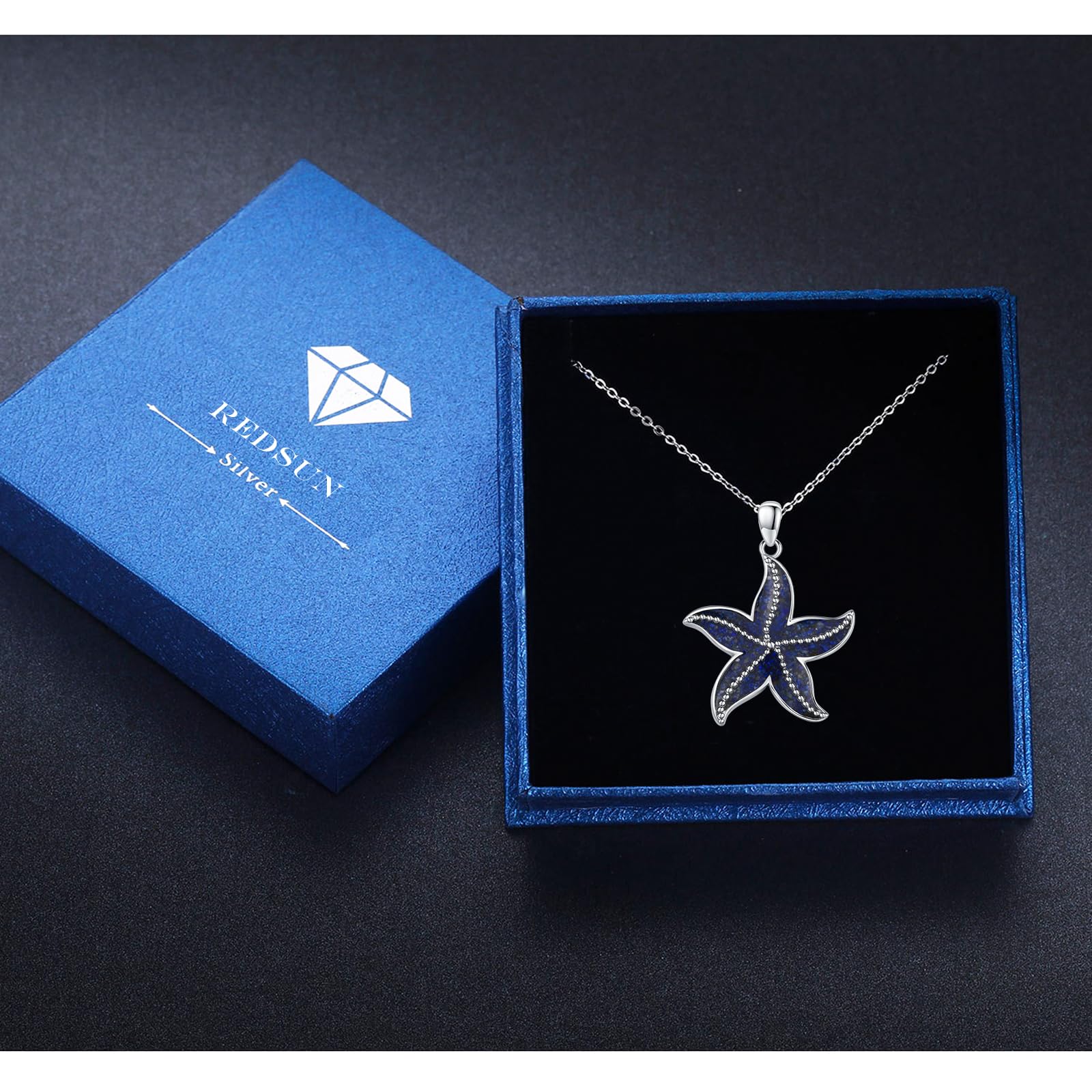 REDSUN Seestern Kette 925 Sterling Silber Stern Anhänger Halskette mit Natürlichen Blau Kies Stein Seestern Ozean Anhänger Schmuck Geschenke für Frauen Maritimer Anhänger für Damen