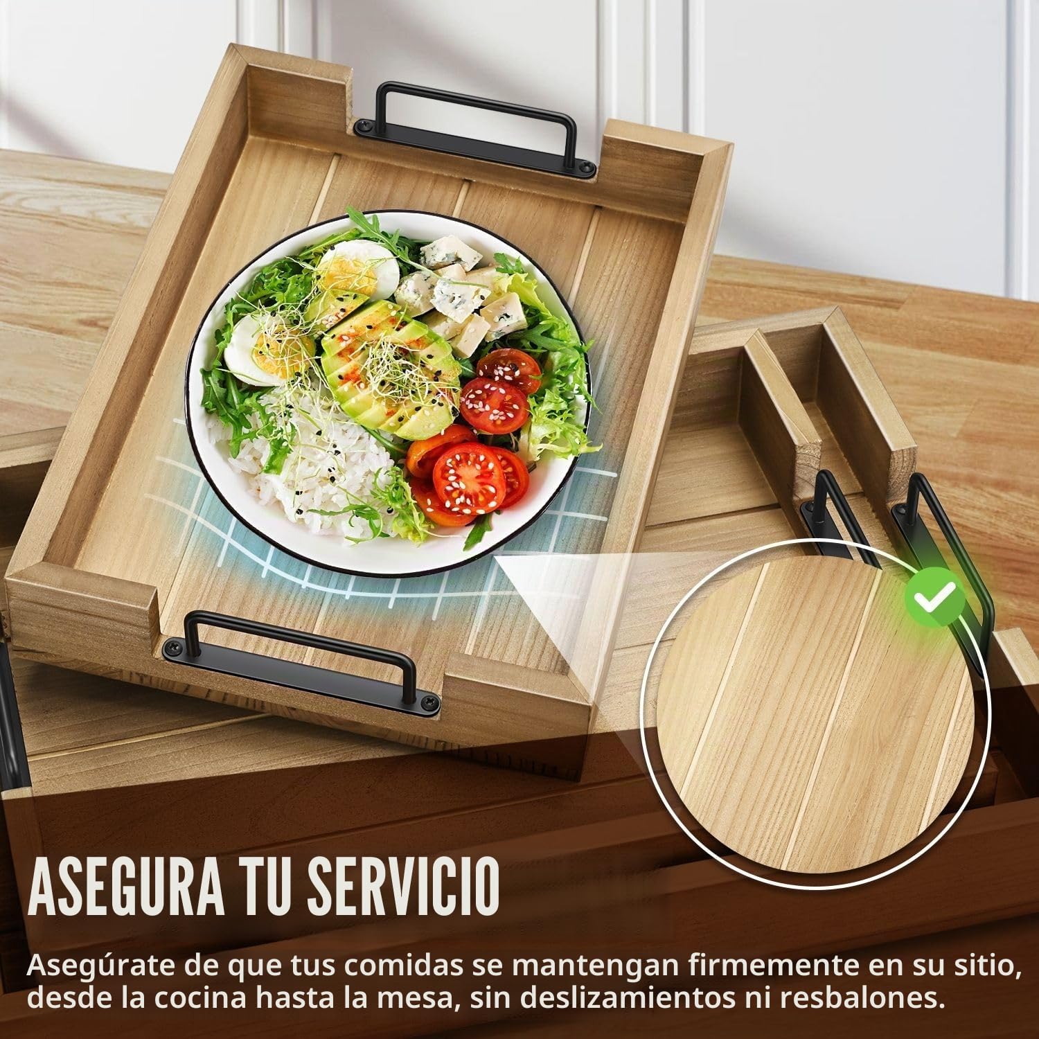 Flexzion Juego de bandejas rústicas para servir – Bandeja apilable de madera de abeto de 3 piezas con asa, bandeja de desayuno de madera, bandeja de embutidos anidada duradera para mesa de café