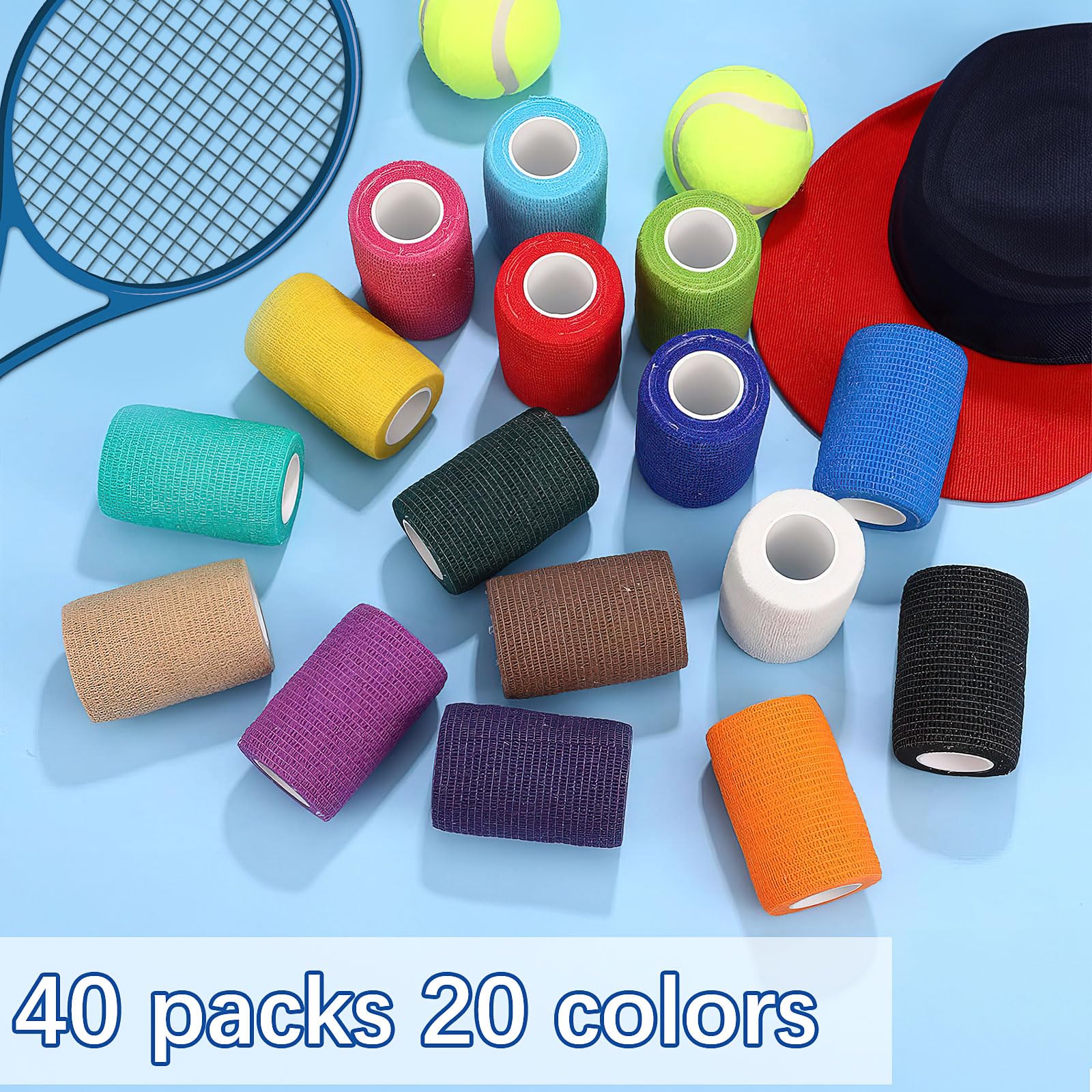 40 Rollen Selbstklebender Verband 10cm x 4,5m - Kohäsive Haftbandage Set in 20 Farben - Selbsthaftende Elastische Fixierbinde für Sport,Gelenke & Erste Hilfe - Vet Wrap für Hunde & Pferde -Handreißbar