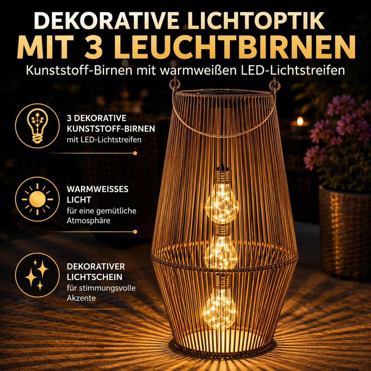 Formano Lanterne solaire d'extérieur 55 cm avec 3 LED, capteur crépusculaire, IP44, rotin