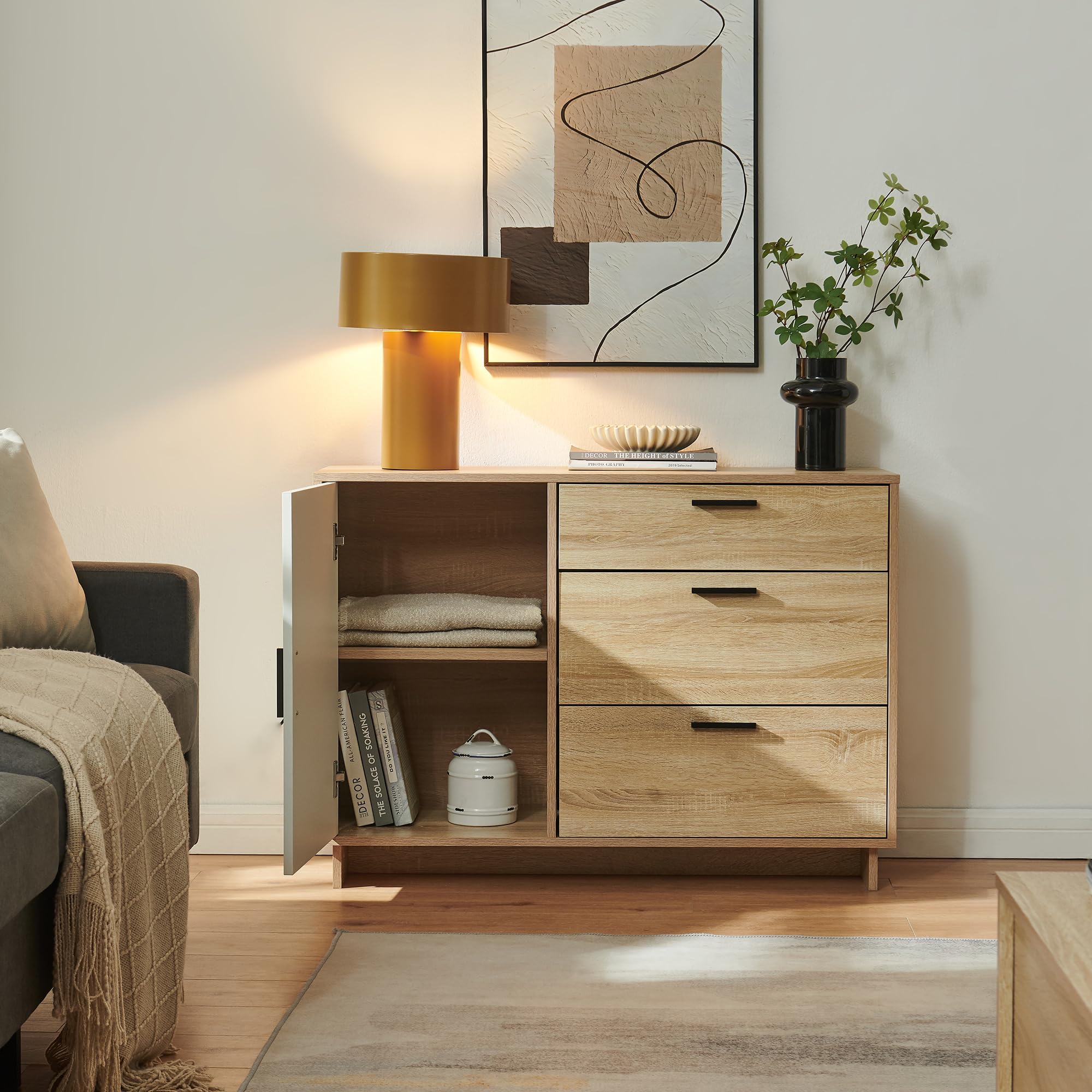 [en.casa] Aparador Kenta Cómoda Armario Bajo Mueble Recibidor con 3 Cajones y 2 Puertas Cajonera Multiusos Mueble Auxiliar 100 x 35 x 72 cm - Blanco y Efecto Roble
