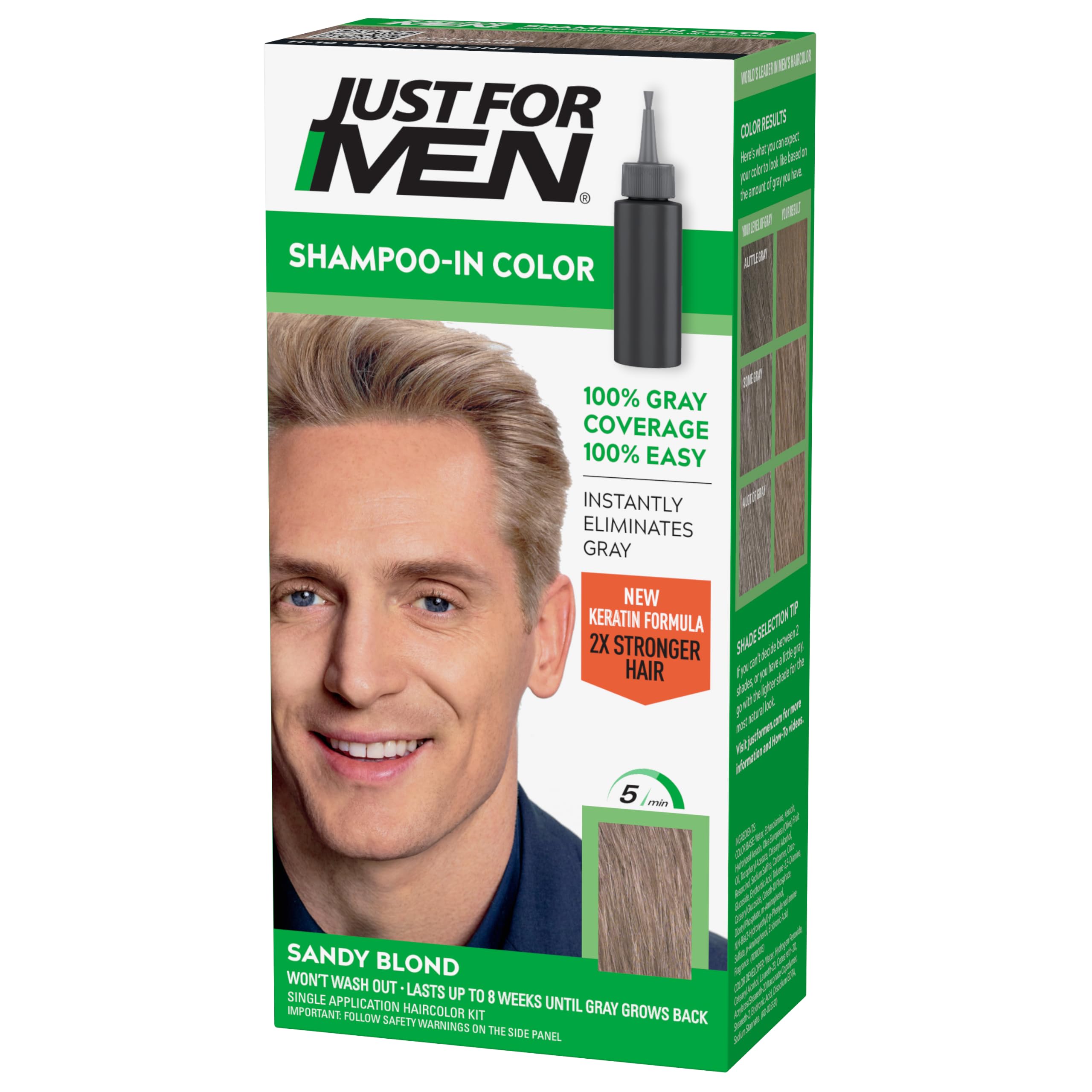 Just for Men Shampoo-In Color, Hair Color, Sandy Blond H-10 (1 Pack) | Shampoo-in Color sandy blond patented formula instantly targets grays. Keratin, olive oil, & vitamin E for stronger hair.
