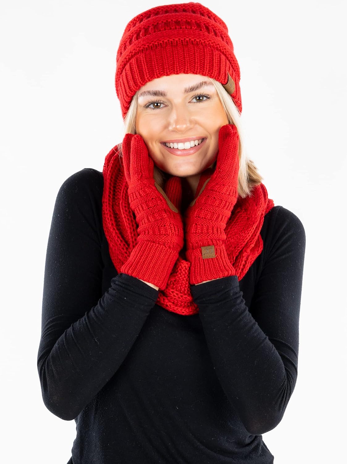 Funky Junque Hat Scarf Glove Set for Women – Matching Winter Set with Ribbed Knit Beanie, Soft Infinity Scarf & Warm Cozy Knit Gloves for Cold Weather - Red