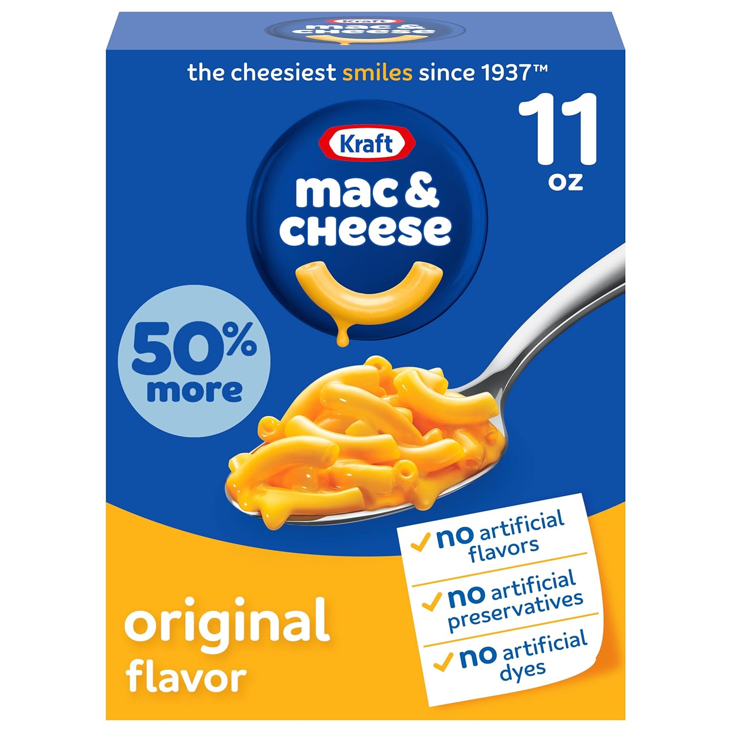 Kraft Original Mac & Cheese, 11 oz Box - Classic Cheesy Comfort Food, No Artificial Flavors, Preservatives or Dyes