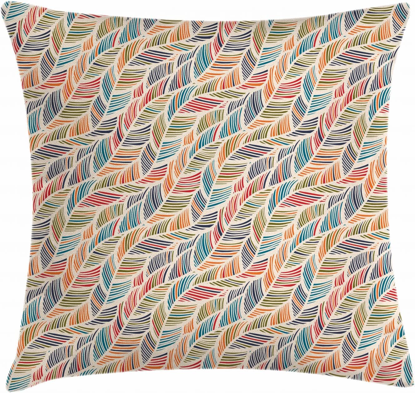Ambesonne Boho Throw Pillow Cushion Cover, Abstract Feather Wave Pattern with Retro Look and Colorful Short Lines Curves, Decorative Square Accent Pillow Case, 16" X 16", Pastel Ivory