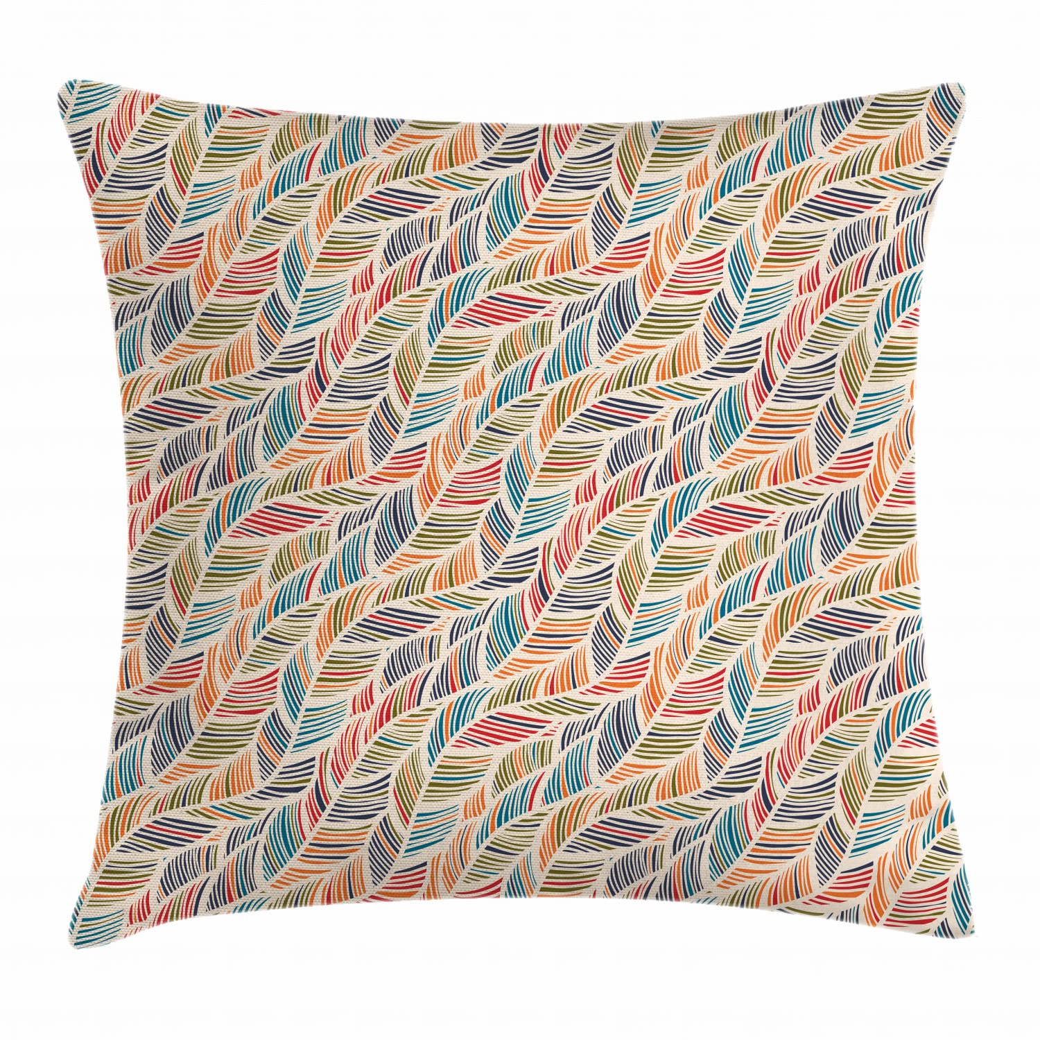 Ambesonne Boho Throw Pillow Cushion Cover, Abstract Feather Wave Pattern with Retro Look and Colorful Short Lines Curves, Decorative Square Accent Pillow Case, 16" X 16", Pastel Ivory