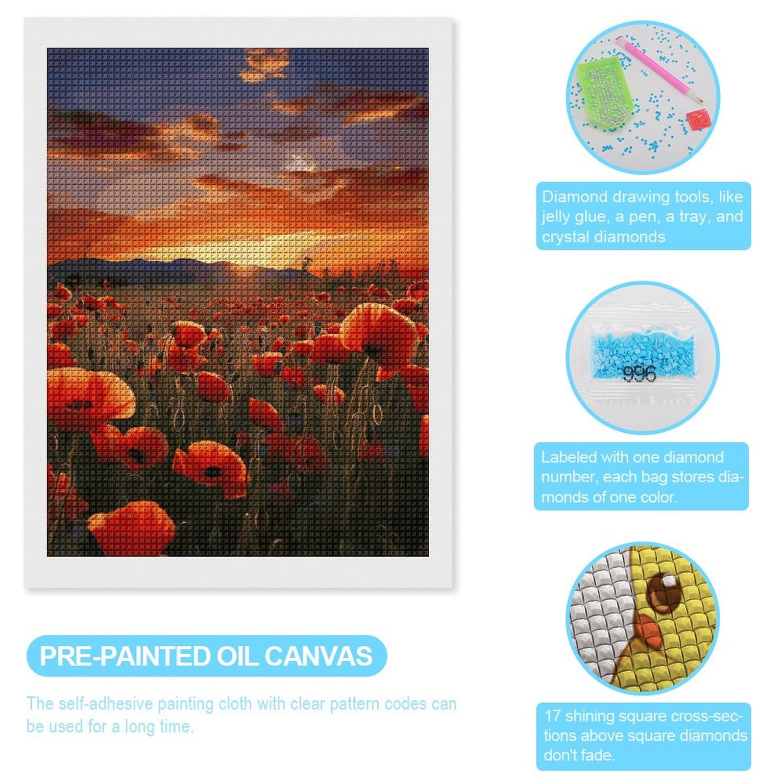 Diamond Painting Poppy Flower, 5D Diamond Painting Kit voor Volwassene, DIY Diamond Art Kits, Volledige Vierkante Diamant Kunst, Diamant Schilderen op Nummer Kit, Diamond Picture Arts voor Thuis Muur