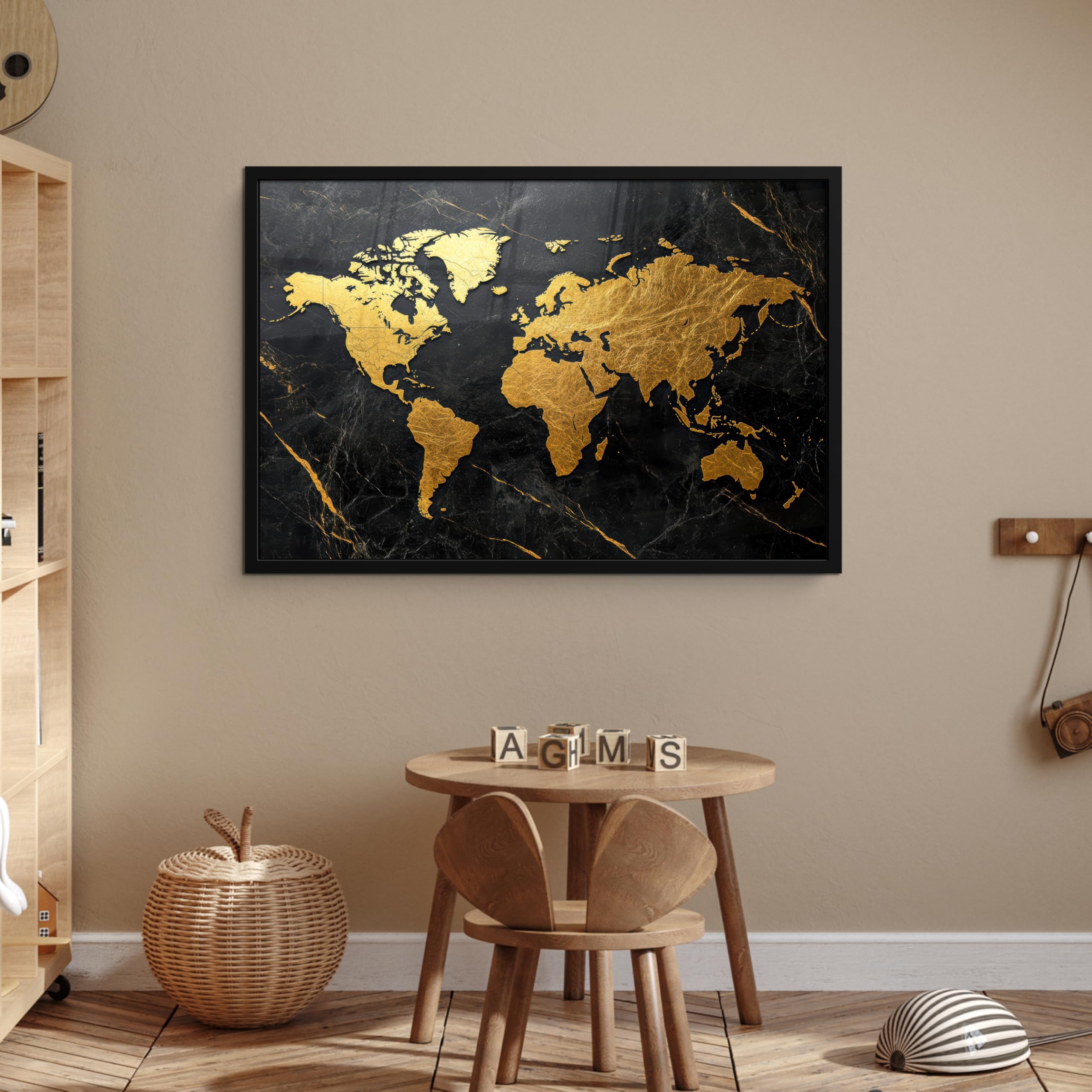 MuchoWow© Cuadros Con Marco 90x60 cm Decorativa Grandes Dimensiones Pequeños Salones Quarto Tripticos Oficina Wall Pasillo Dormitorio Mapamundi - Oro - Mármol