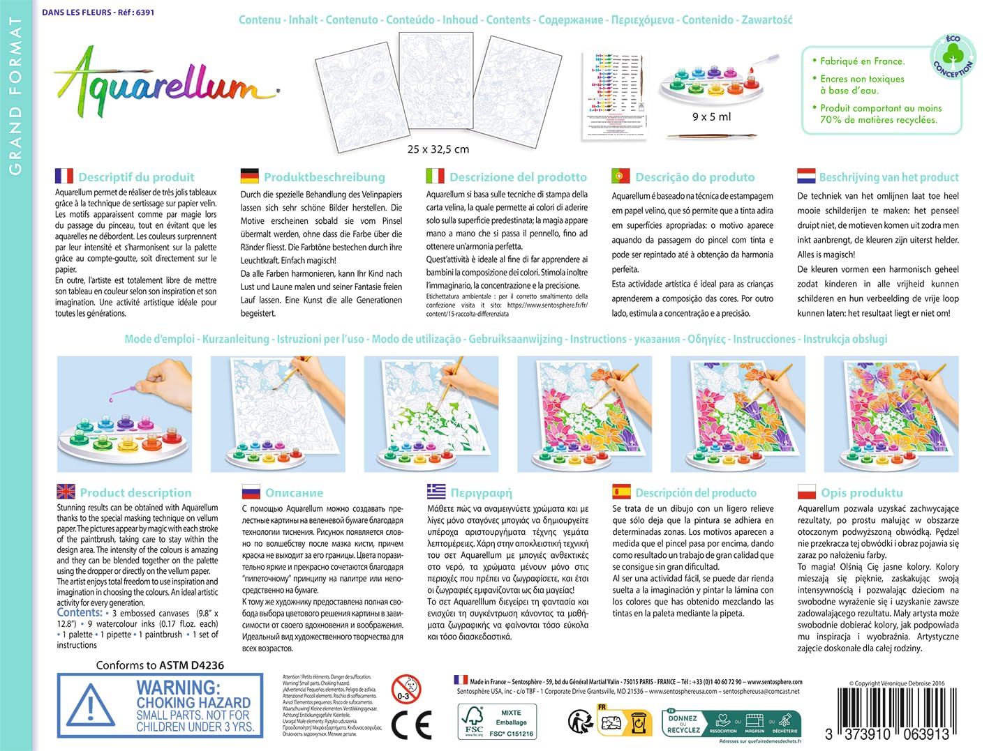 Sentosphère – Aquarellum - En las flores – Kit de pintura mágica para niños – Actividad creativa con 3 cuadros de 32,5 x 25 cm – Acuarela – A partir de 7 años – Fabricado en Francia – 6391