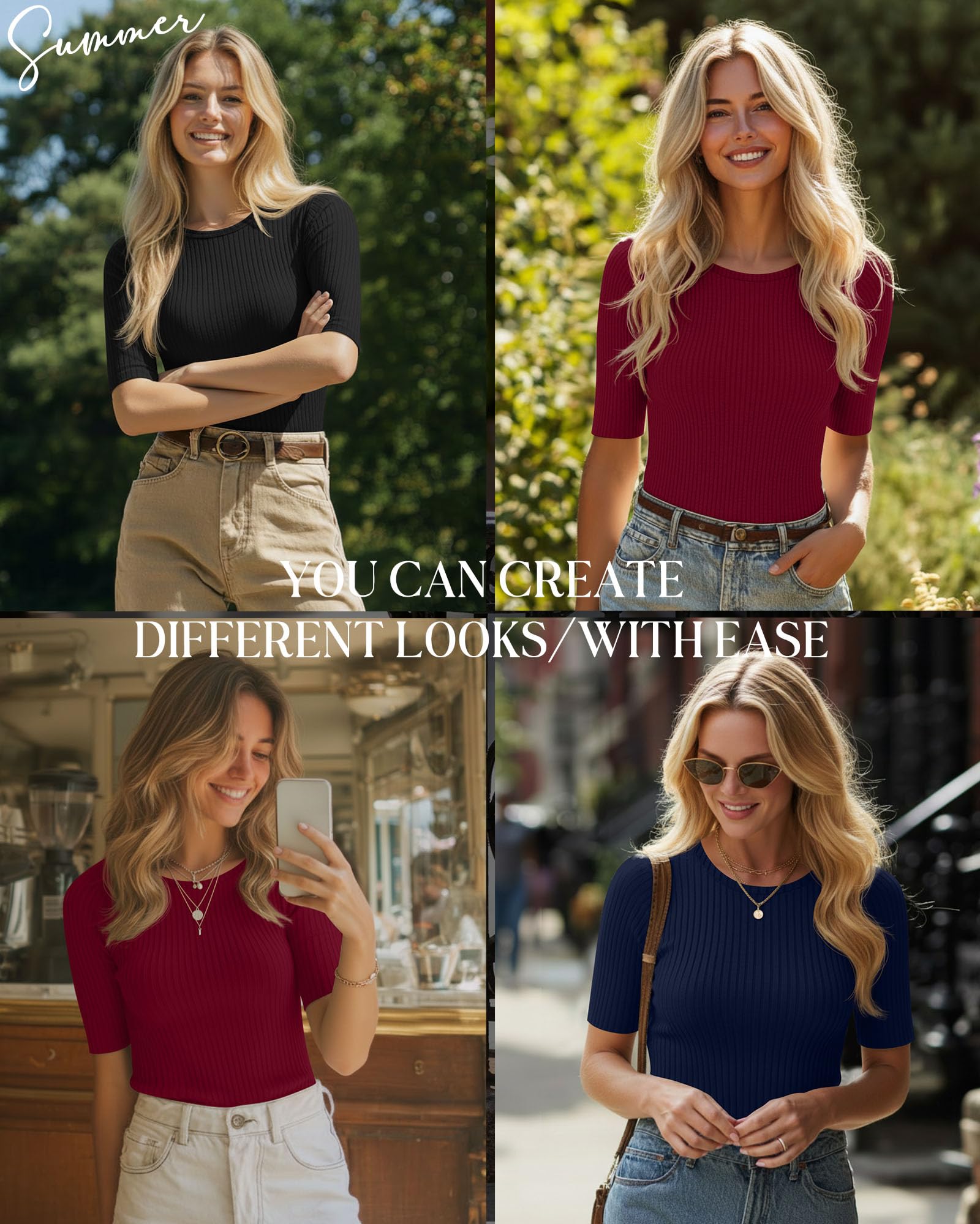 Riyiper – Lot de 3 Hauts pour Femme à Manches mi-Longues – T-Shirts d'été en Coton côtelé à col Rond – Coupe ajustée – Blouses décontractées