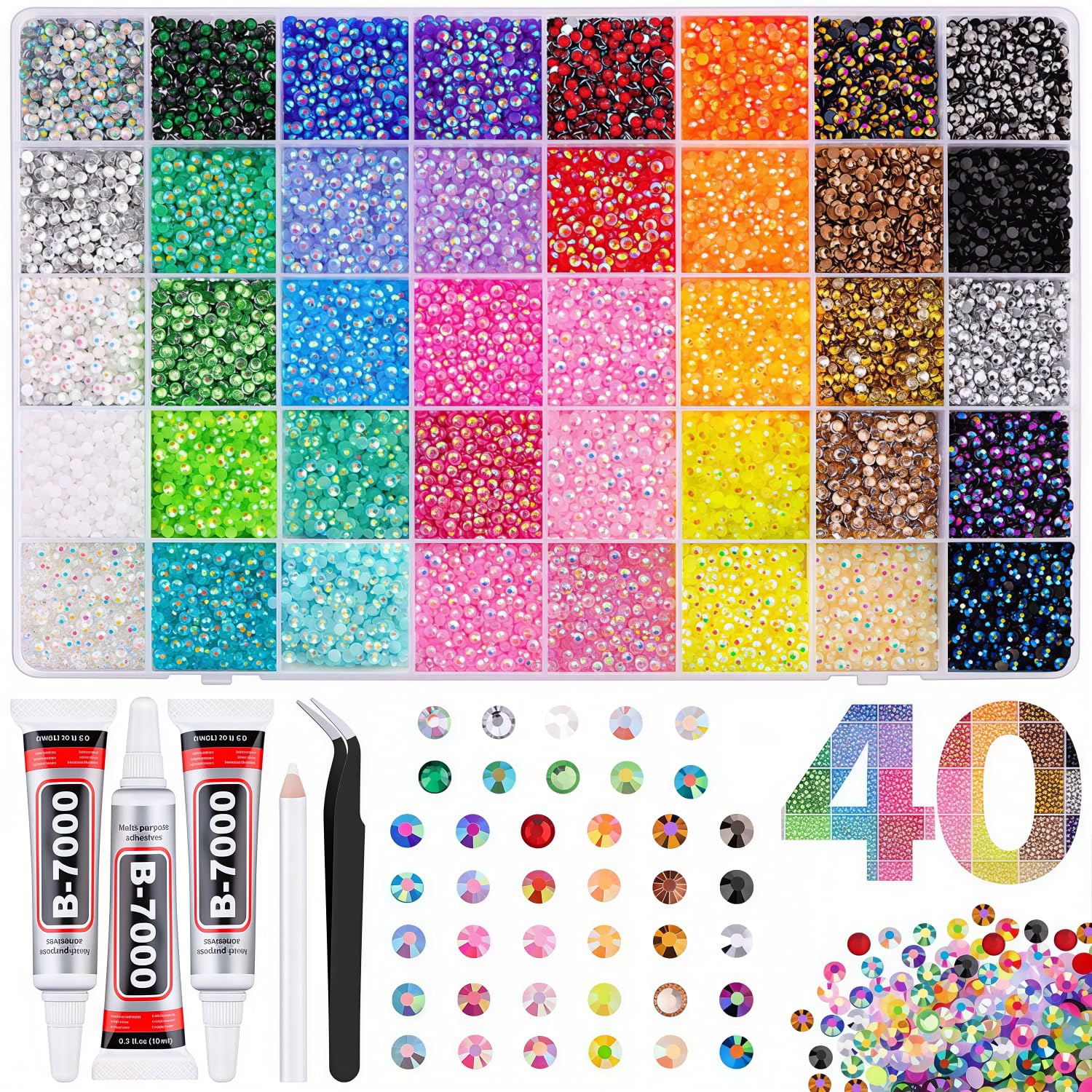 PATPAT® 40000Pcs 40 Colors Jelly Bedazzling Kit Rhinestones for Bedazzling Kit with Glue, Tools, 3mm Multicolor Resin Flatback Gems for Diamond Painting for Kids Adult Nail Art Kit for Girls 12-15-picture-50