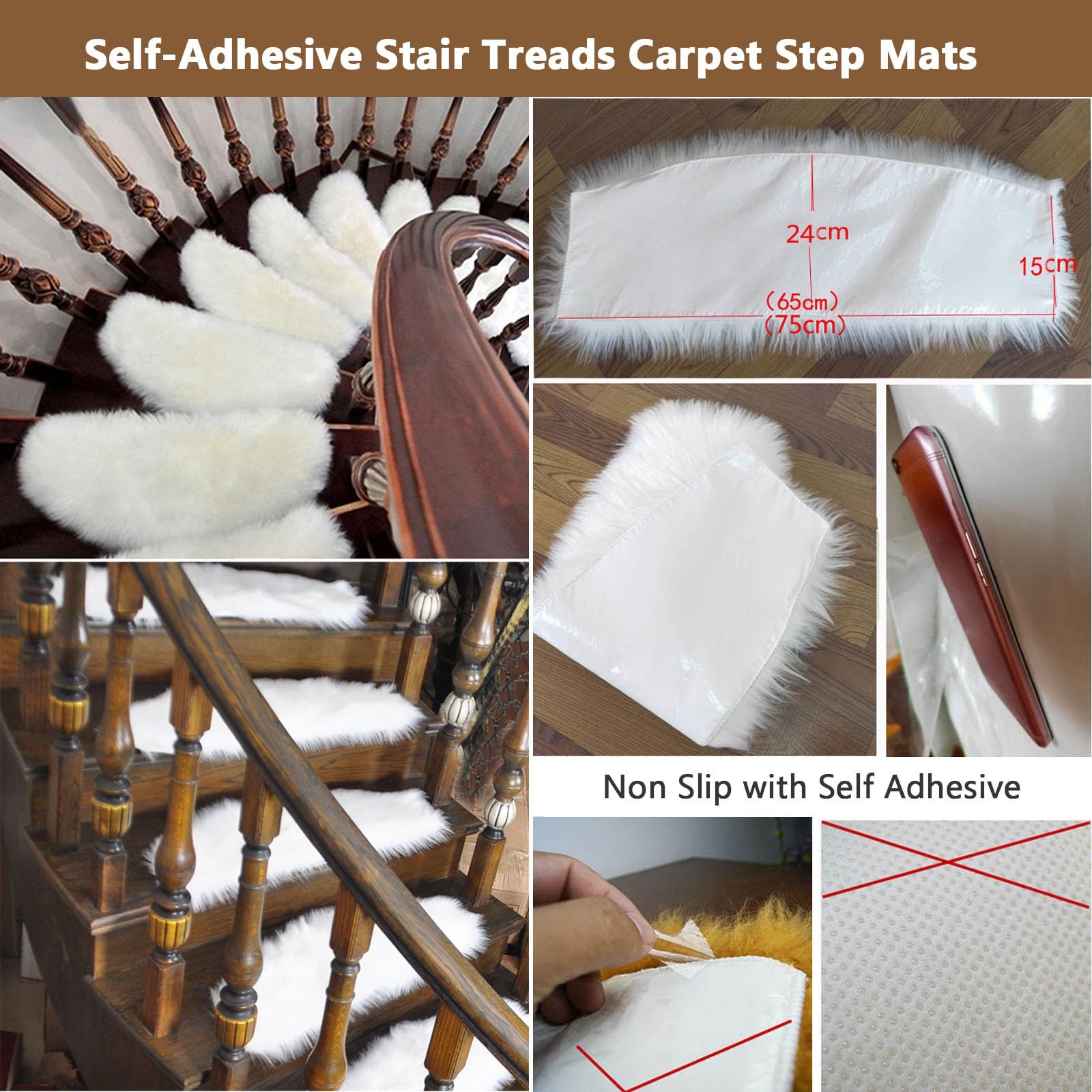 Tapis d'escalier autocollant en fourrure moelleuse - Antidérapant - Lavable - Durable - Réutilisable