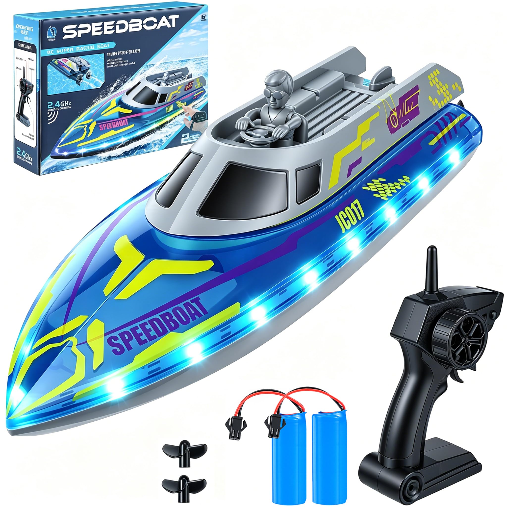 Bateau Télécommandé, 25+ KM/H, 40+ Mins, RC Racing Bateau Telecommandé Enfant avec Lumières LED, 2 Batteries, Mini Bateau RC Haute Vitesse 2,4 GHz Jouet Aquatique pour Lac/Piscine/étang