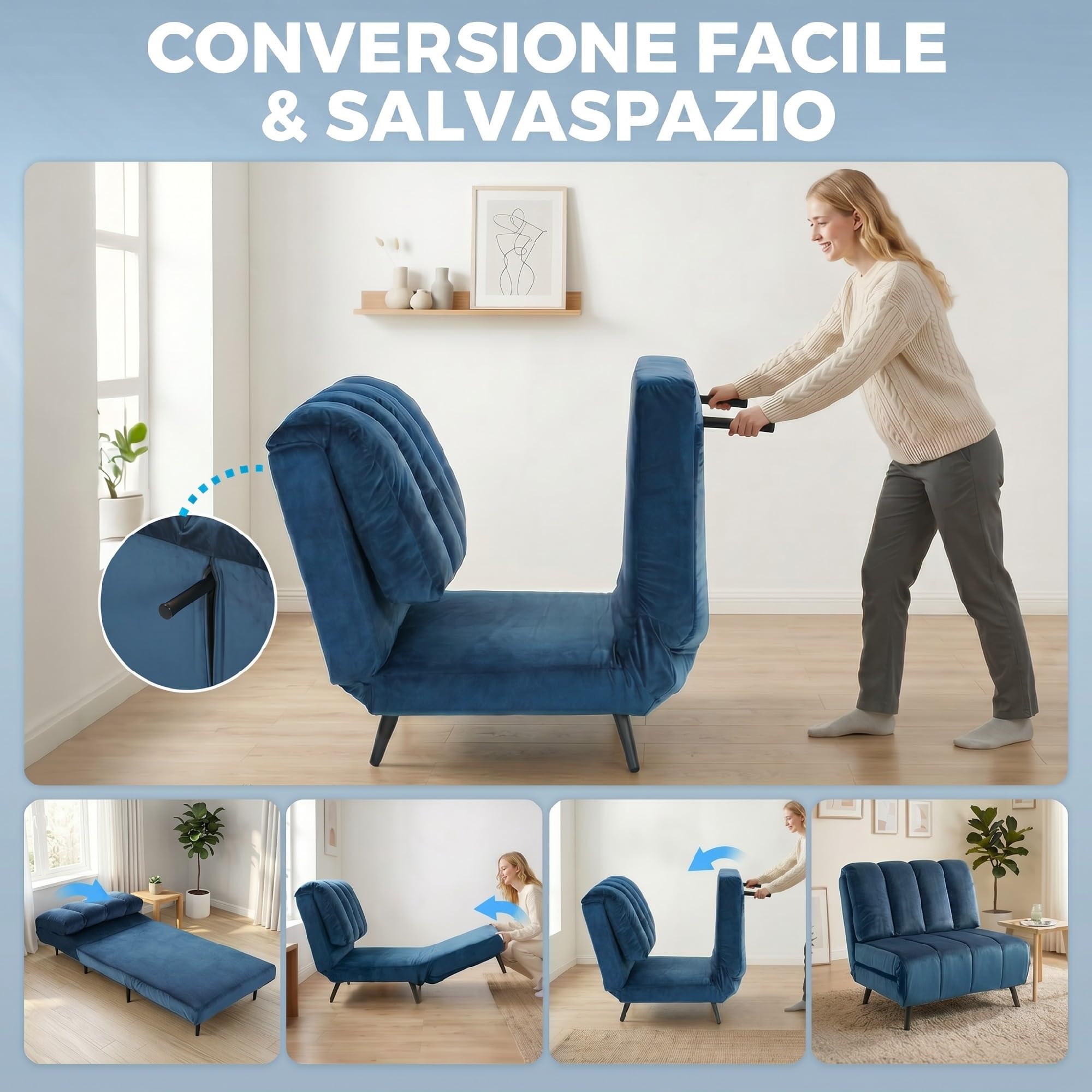 HOMCOM Poltrona Letto Singolo 3 in 1 Pieghevole Trasformabile, Schienale Regolabile 3 Posizioni, Cuscino Spesso, Divano Letto in Velluto, Soggiorno, Camera da Letto, Facile Montaggio, 88x92x88cm, Blu