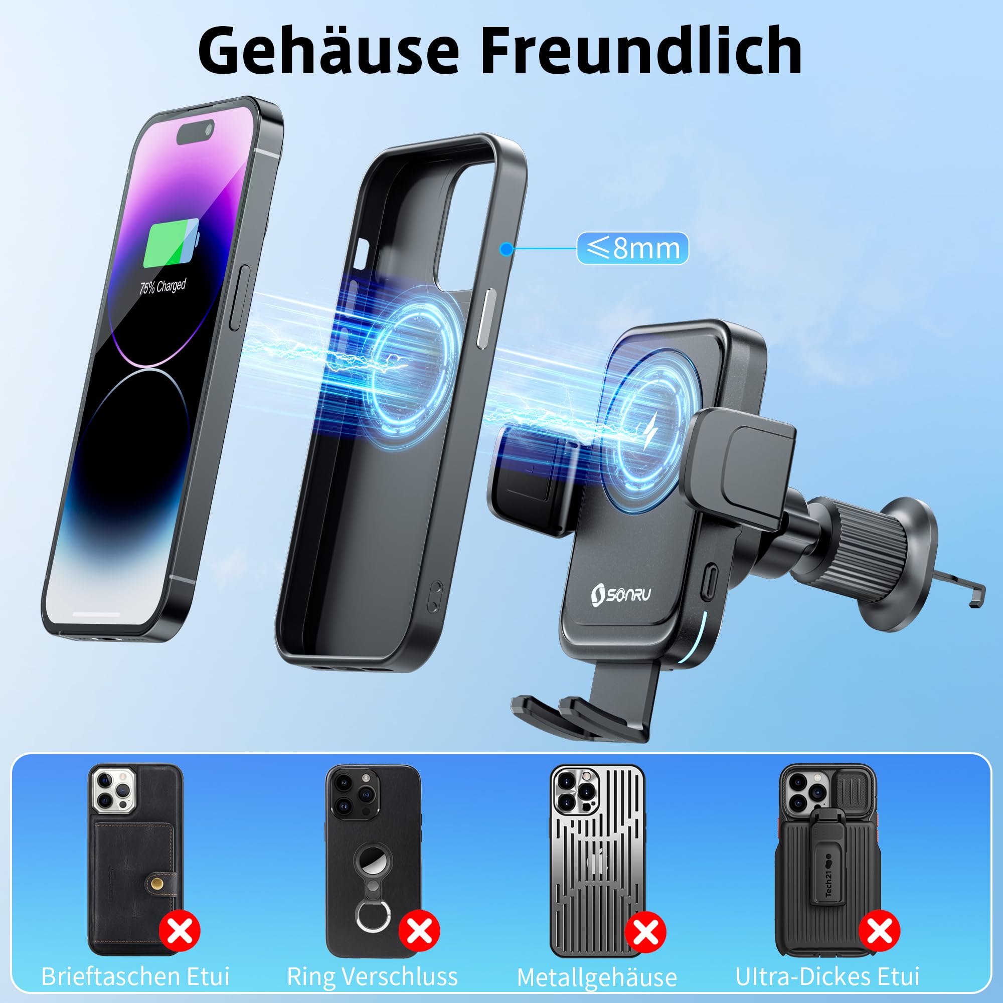 SONRU Handyhalterung Auto mit Ladefunktion,15W Kfz Handyladestationen Handy Halterung Auto Induktives Laden,Handyhalterung Auto Lüftung Saugnapf für Samsung iPhone LG Google Pixel