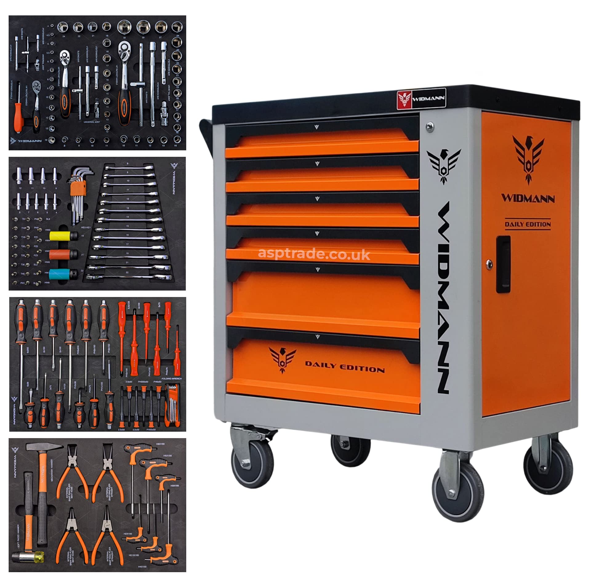 WIDMANN Tool Trolley Cabinet with 4 Inlays of Tools. Steel Workshop or Garage Rollcab Storage Chest, Carrier ToolBox, Multi Drawers (TC6-4) (Orange)