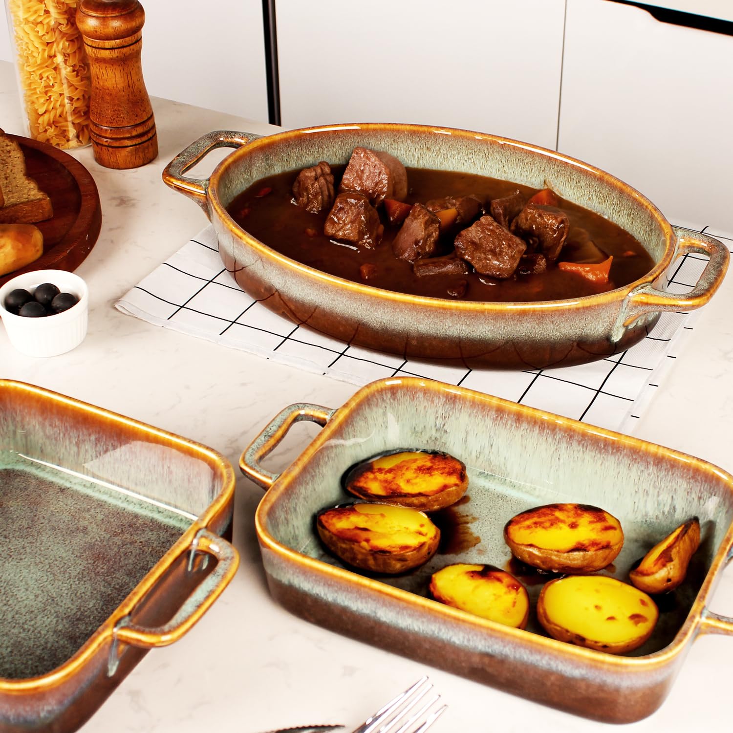 Casseruola in ceramica Au gratin, grande teglia profonda per lasagne da forno, teglia con manici, adatta per forno, microonde, congelatore e lavastoviglie, ottimo regalo (ovale, 38 cm)