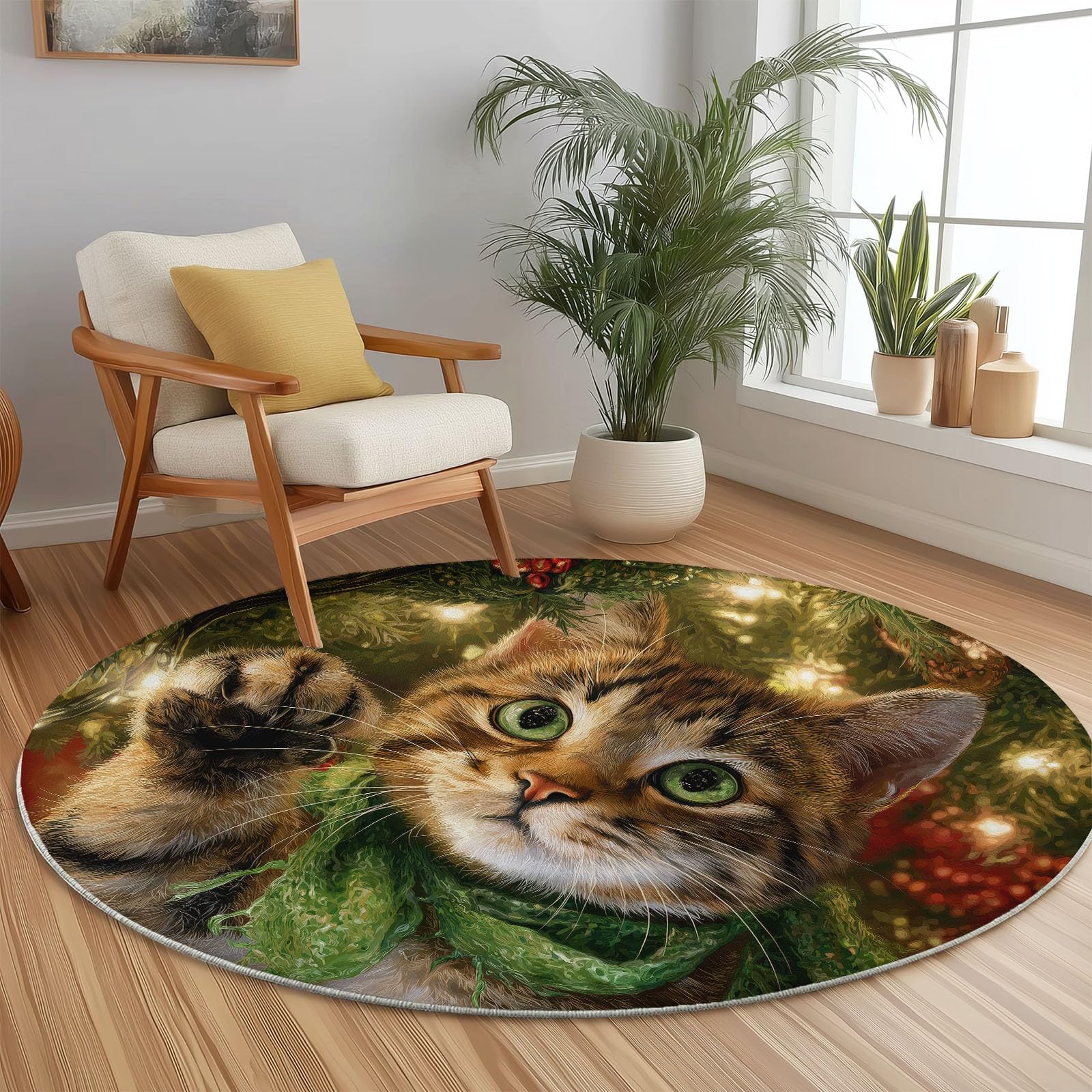 Teppich Wohnzimmer Rund 200 cm Teppich Schlafzimmer Grün Kurzflor Wohnzimmerteppich Weihnachten Katze Kiefernzweig Waschbar rutschfest Rund für Wohnzimmer Schlafzimmer Esszimmer