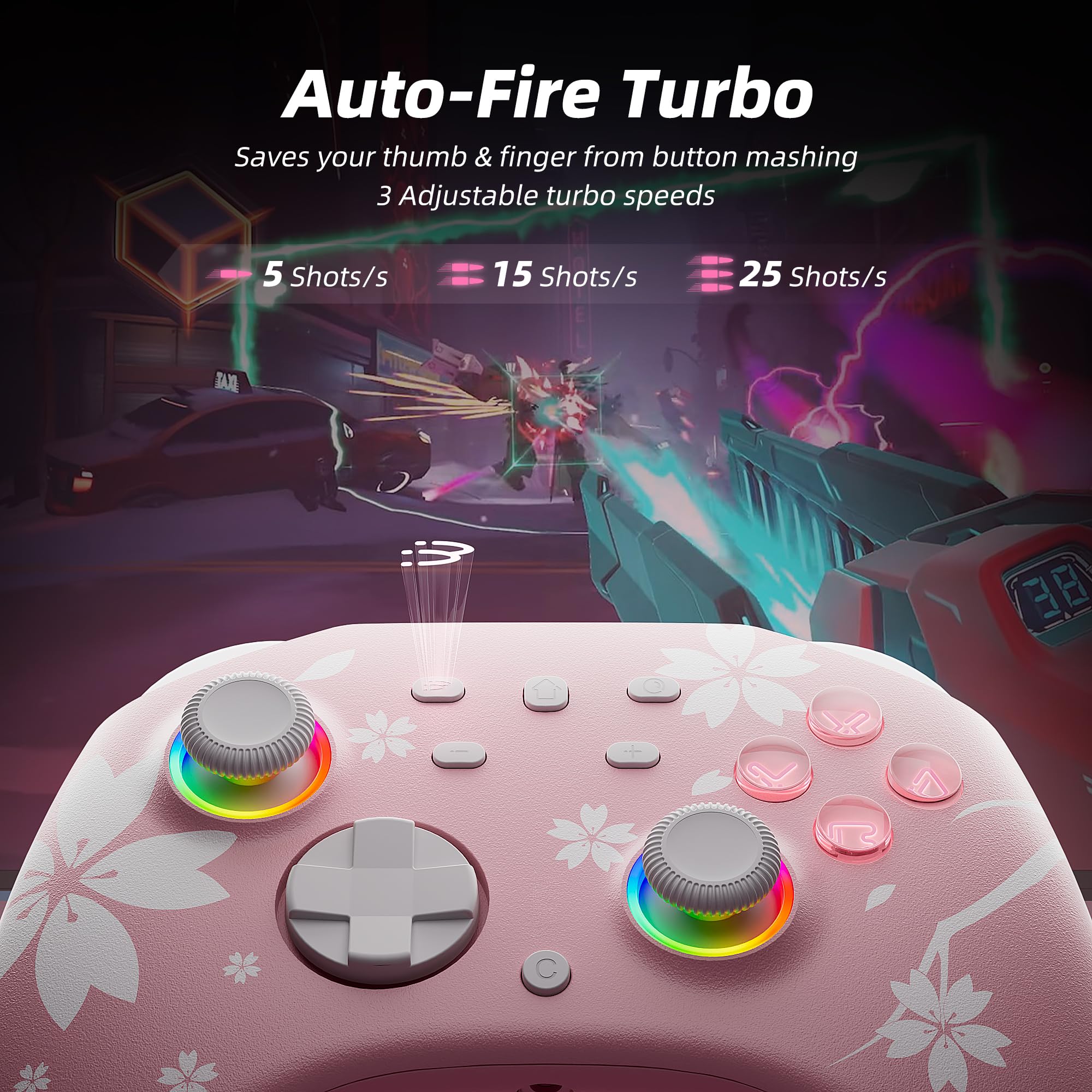 Mytrix Wireless Controllers for Switch/Switch 2, Windows PC iOS Android Steam/Steam Deck,  Bluetooth Controller with Programmable, Hall Effect Joysticks, Adjustable LED Light/Turbo/Vibration: Sakura Pink