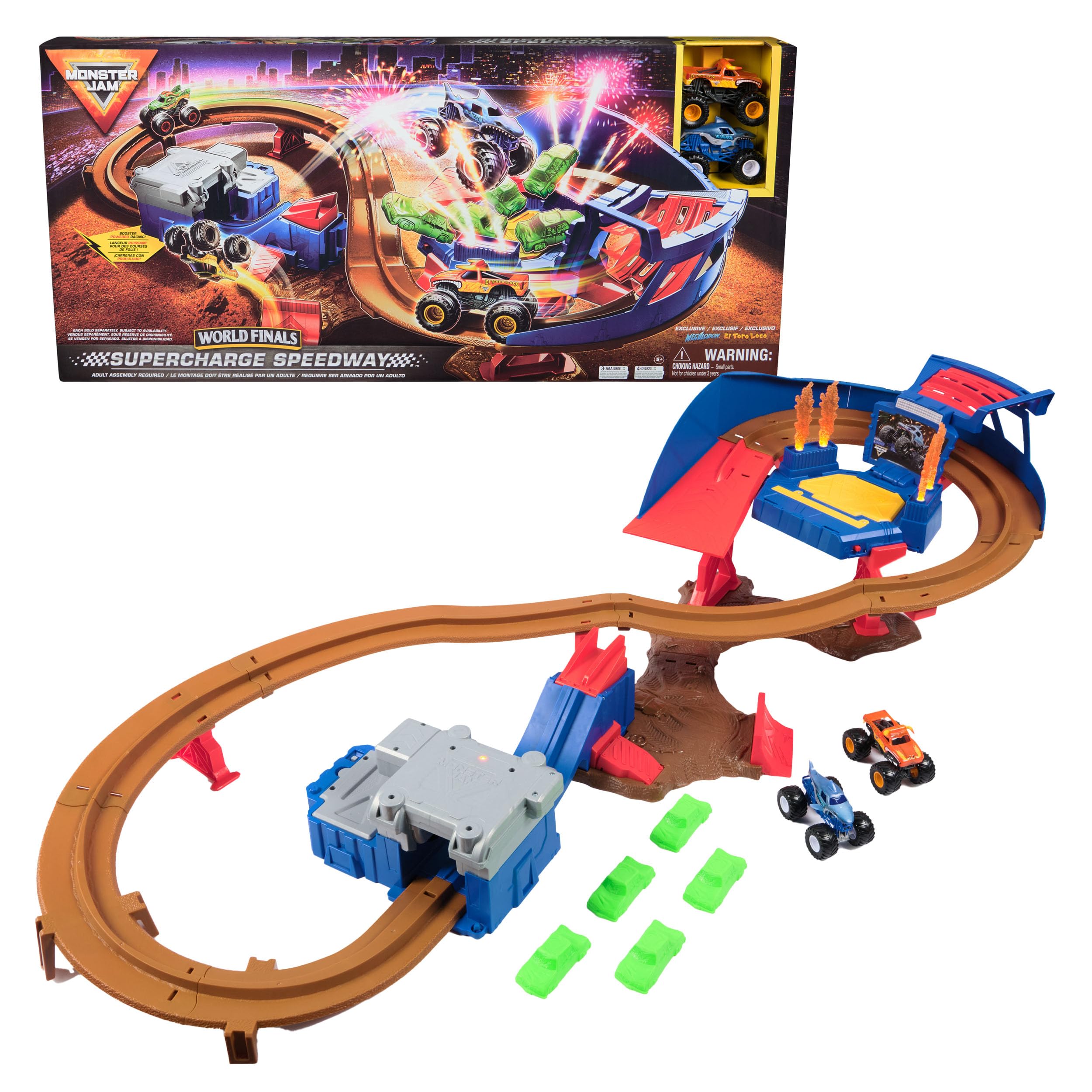 Monster Jam, Supercharge Speedway Playset, Includes Megalodon and El Toro Loco 1:64 Scale Die-Cast Monster Trucks, Light Up World Finals Track Kids’ Toys for Boys Aged 3 4 5 6+