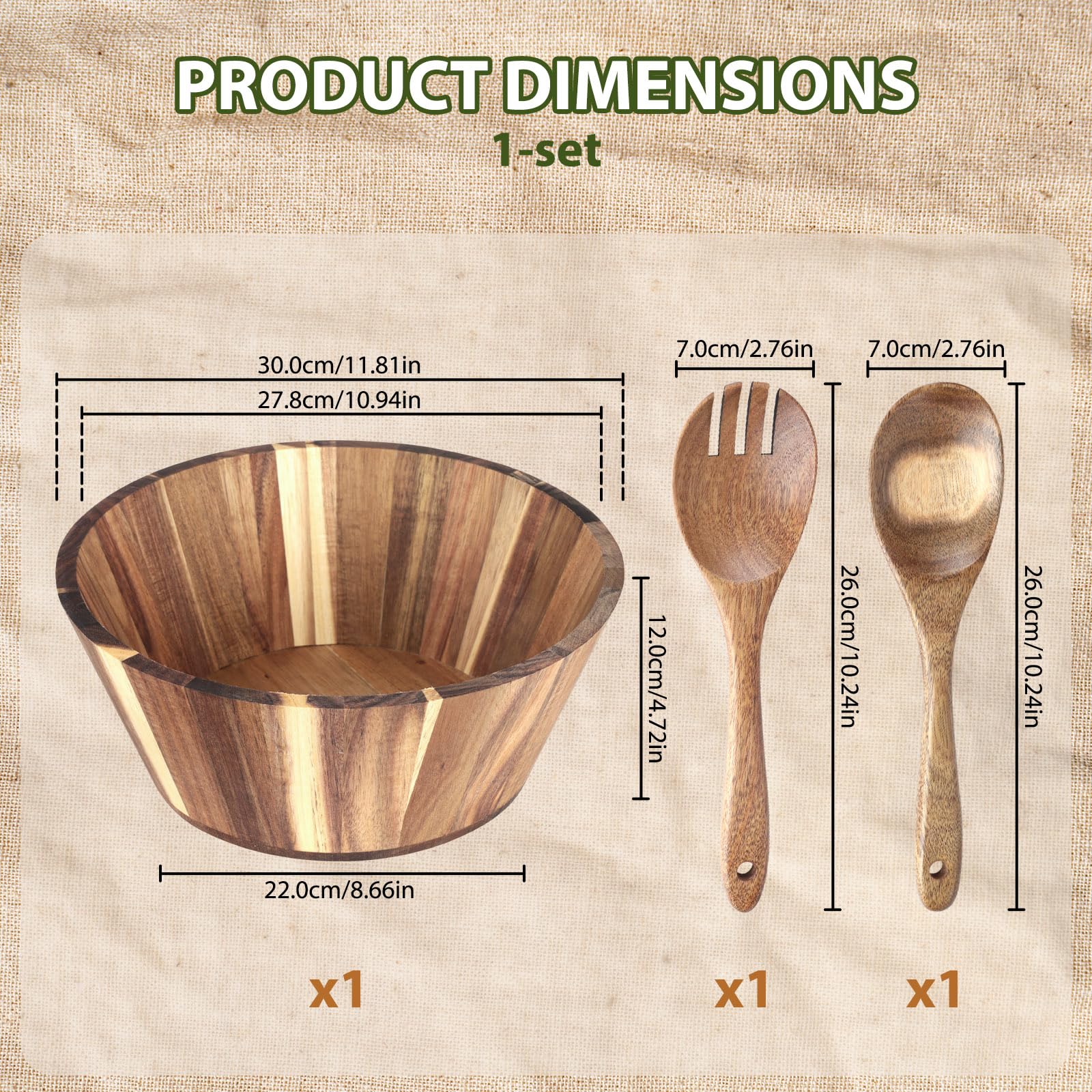 Juego de 3 cuencos de ensalada de madera de acacia de 11.8 pulgadas, cuenco grande con utensilios de servir, tenedor y cuchara para mezclar frutas, cereales, cocina, fiesta en casa (3
