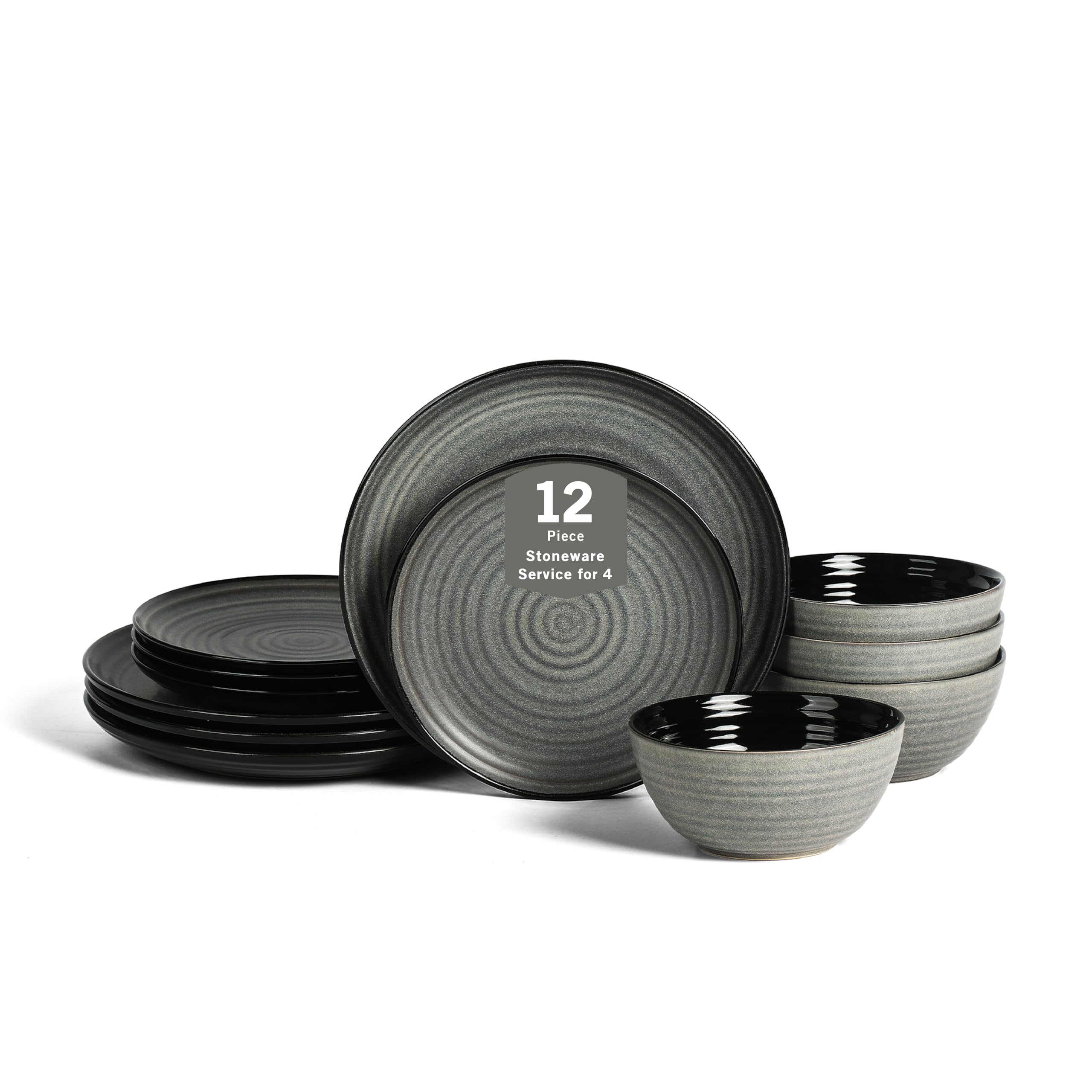 Stone Lain Dua 12-Piece Dinnerware - Stoneware, Plate and Bowls, Dishwasher and Microwave Safe, Dish Set for 4, Black