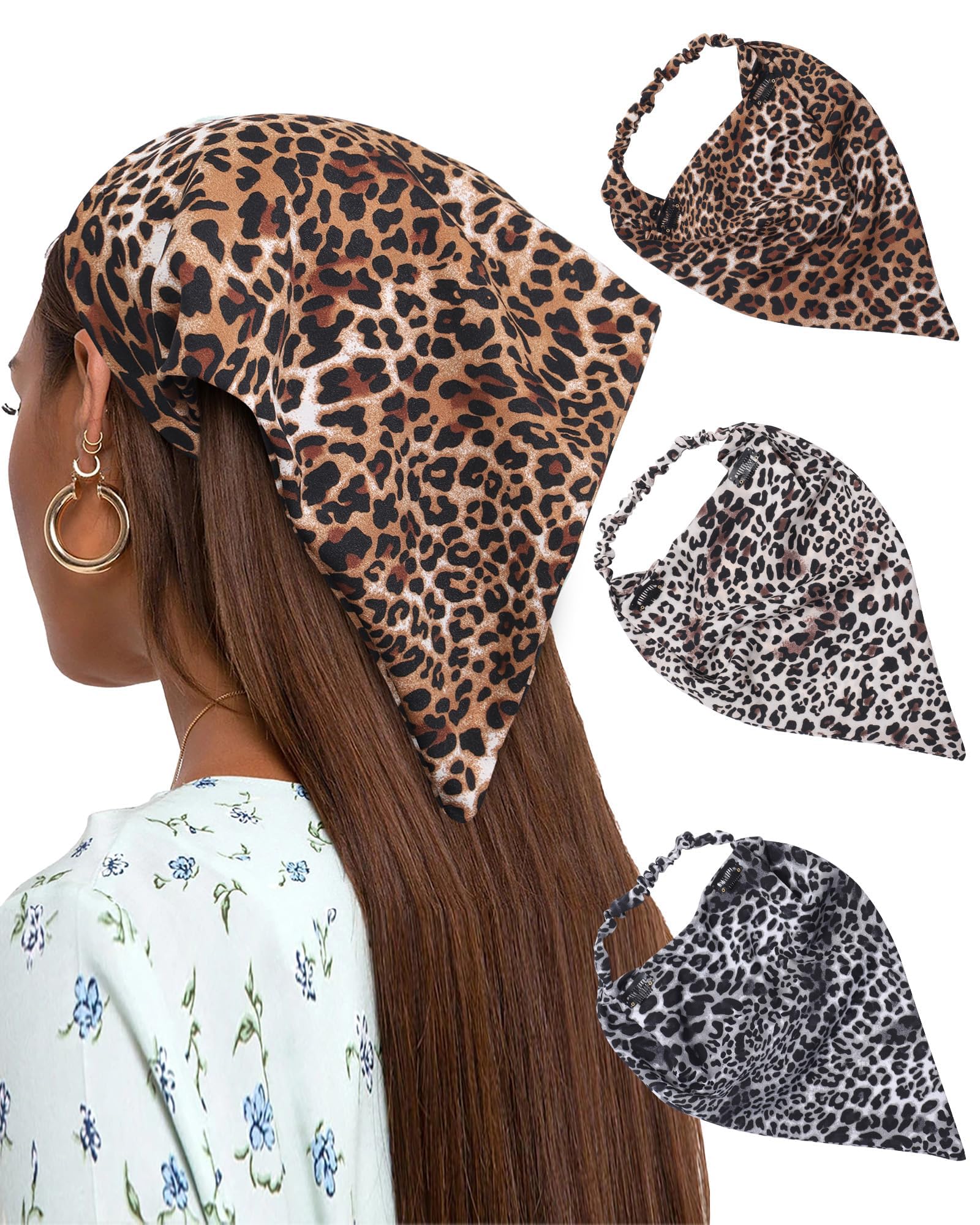 3 Pack Bandanas for Women, Stylish Head Scarf and Hairband Set, Comfortable Elastic Head Scarf for Women（Leopard Print）