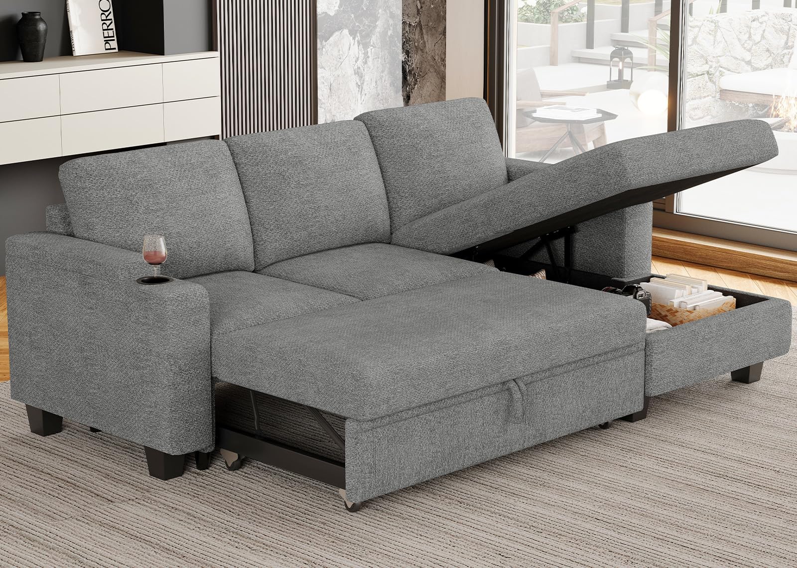 Belffin Sectional Sleeper Sofa Bed. Small Modular Sectional Sofa with Storage Chaise Sleeper Sofa with Pull Out Bed. Light Grey Couch.