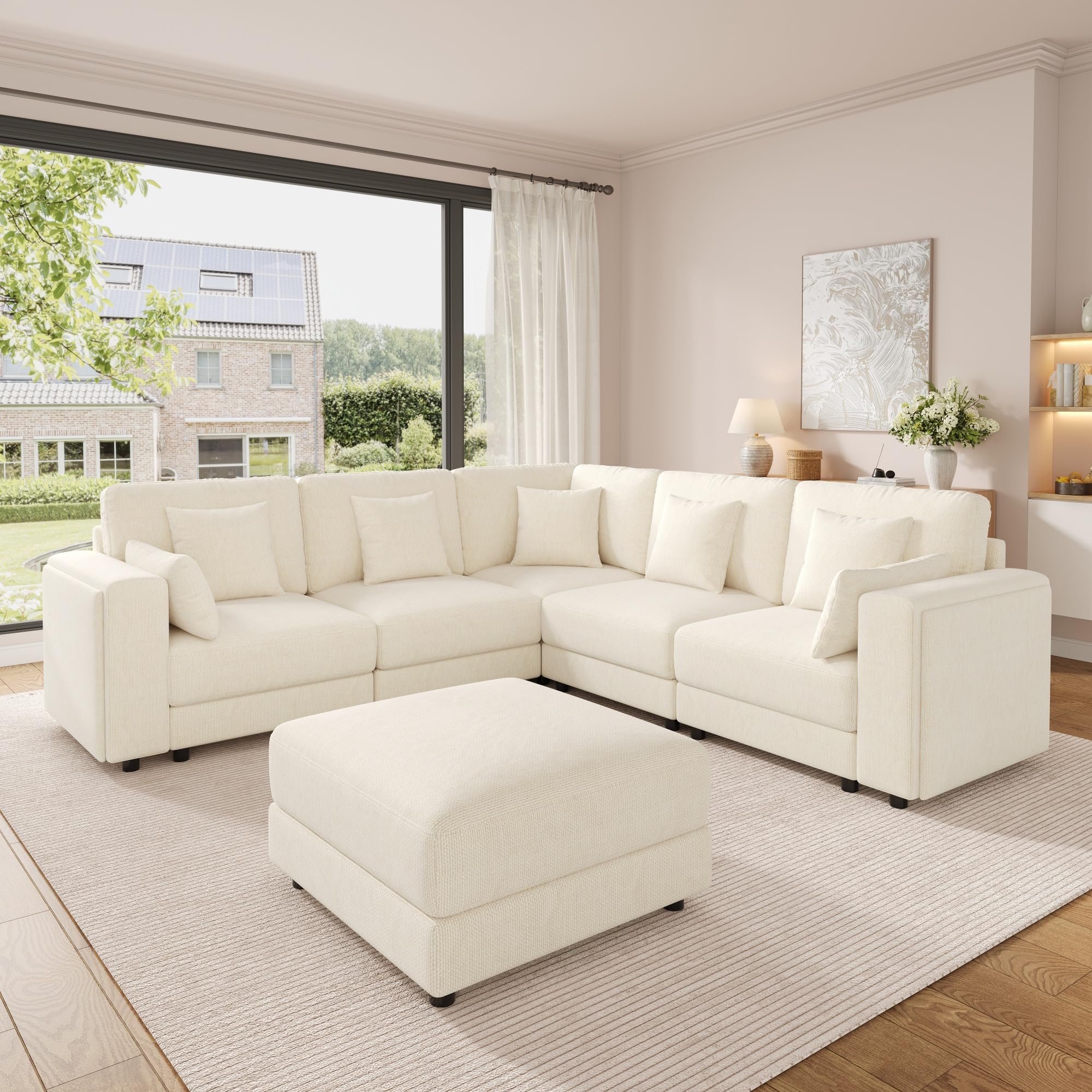 BTM Eckcouch L-Form mit Stauraum, Ladestation & Hocker, XXL Modulares Sofa Wohnzimmer Wohnlandschaft U-Form Beige