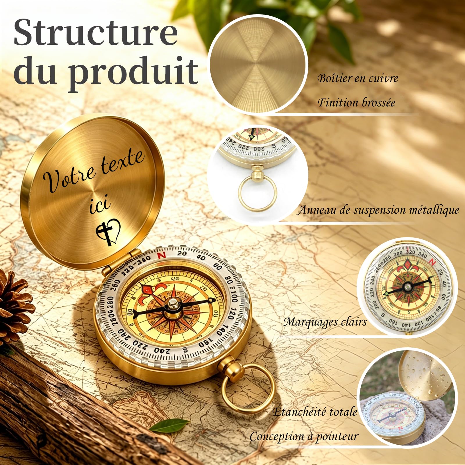 Boussole en Laiton Personnalisable, Gravure Nom, Logo ou Date, Imperméable et Lumineuse, Cadeau pour Randonnée