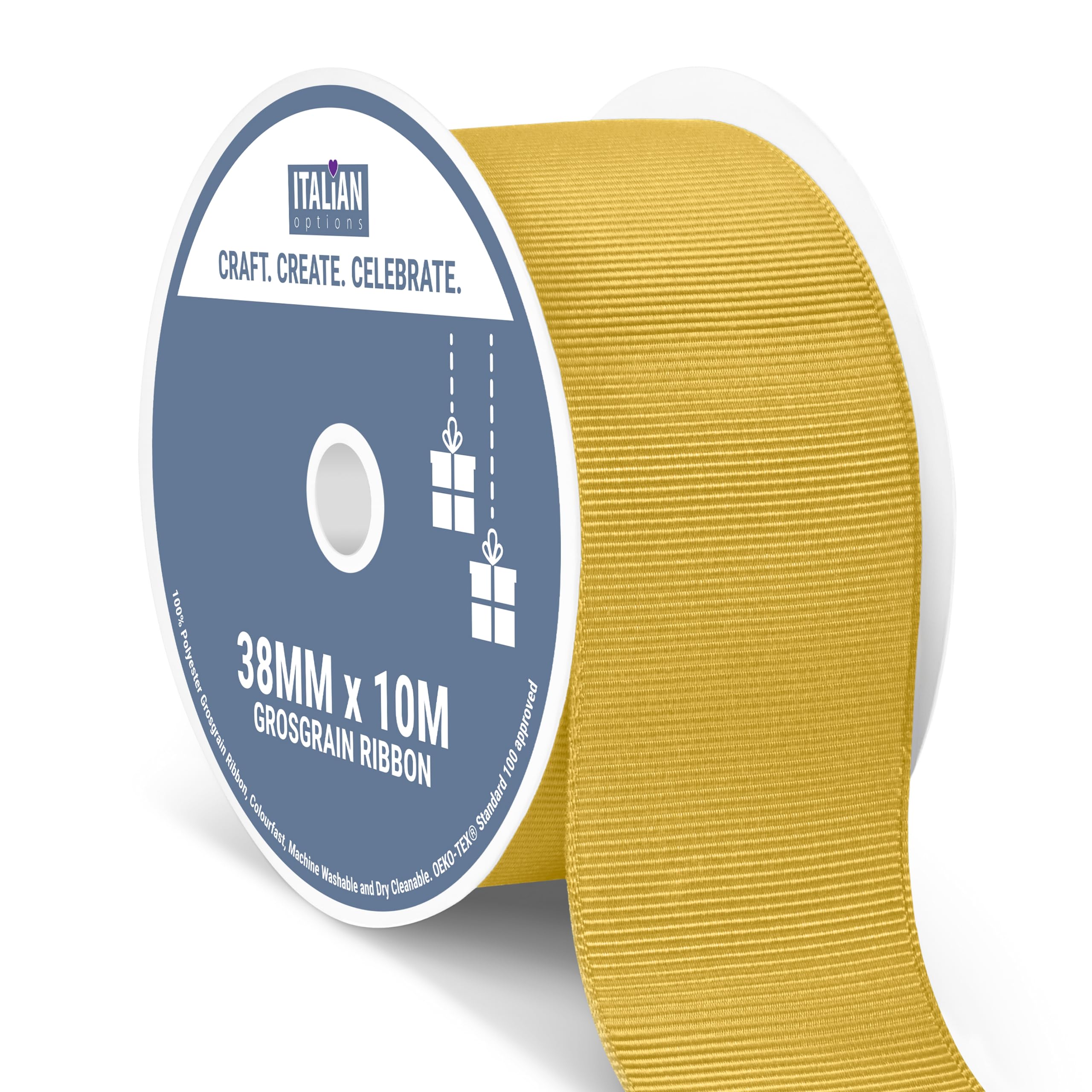 Italian Options Grosgrain Ribbon 38mm, Strong Plain Gold Ribbon for Bows, Wedding, Crafting, Sewing, Hair Accessories, Gift Wrap, 38 mm x 10 Metre Roll, Gold