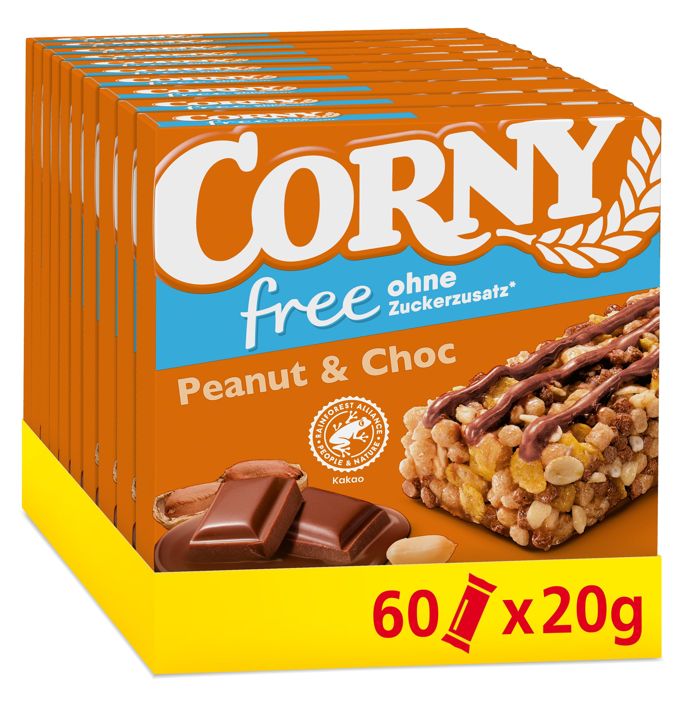 Müsliriegel Corny free Erdnuss-Schoko, ohne Zuckerzusatz, 74 kcal pro Riegel, 60x20g