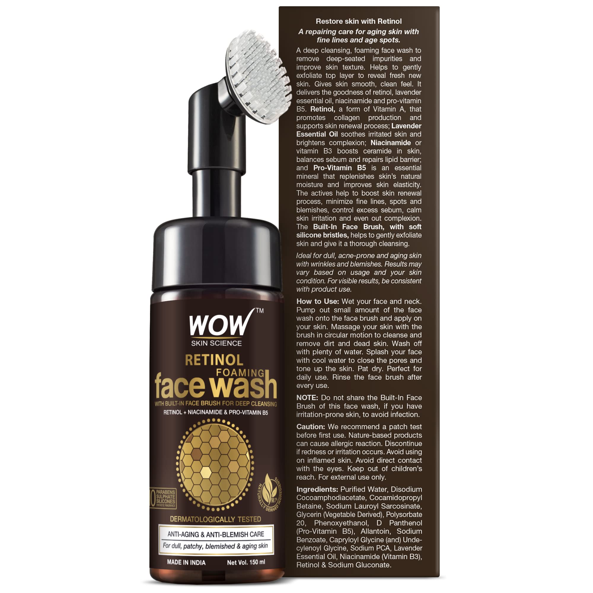 WOW Skin Science Retinol Yüz Temizleme Köpüğü ve Dahili Fırça-İnce Çizgiler, Lekeler Bakım Yüzde Doksan Sekiz, Bir Doğal İçerik Vegan 150ml