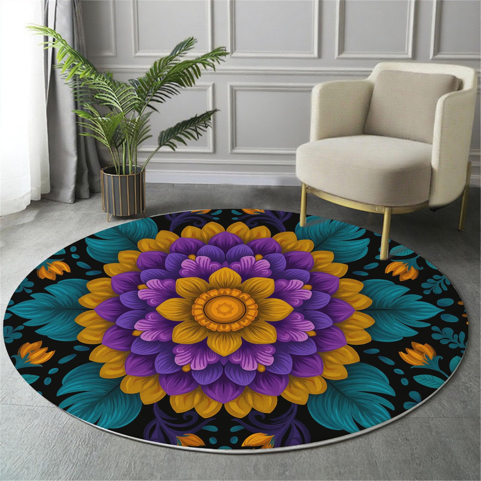 Tapis rond en flanelle douce et durable style bohème floral