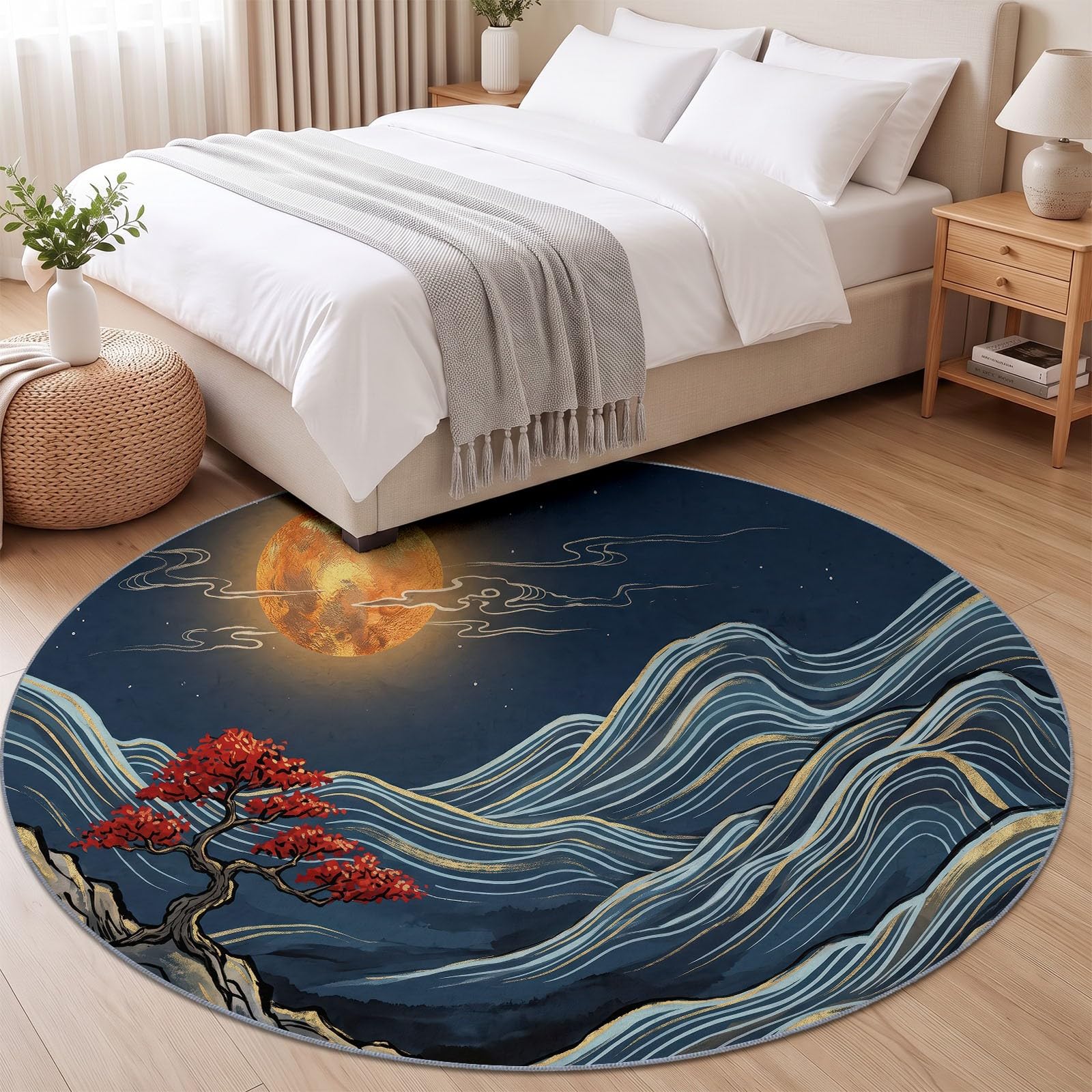 Tapis Rond de Salon 100 cm, Moderne Classique Montagnes Lune Imprimé - Bleu pour Salle à Manger Bureau Chambre, Lavable en Machine et Poil Court Tapis Rond avec Dos Antidérapant