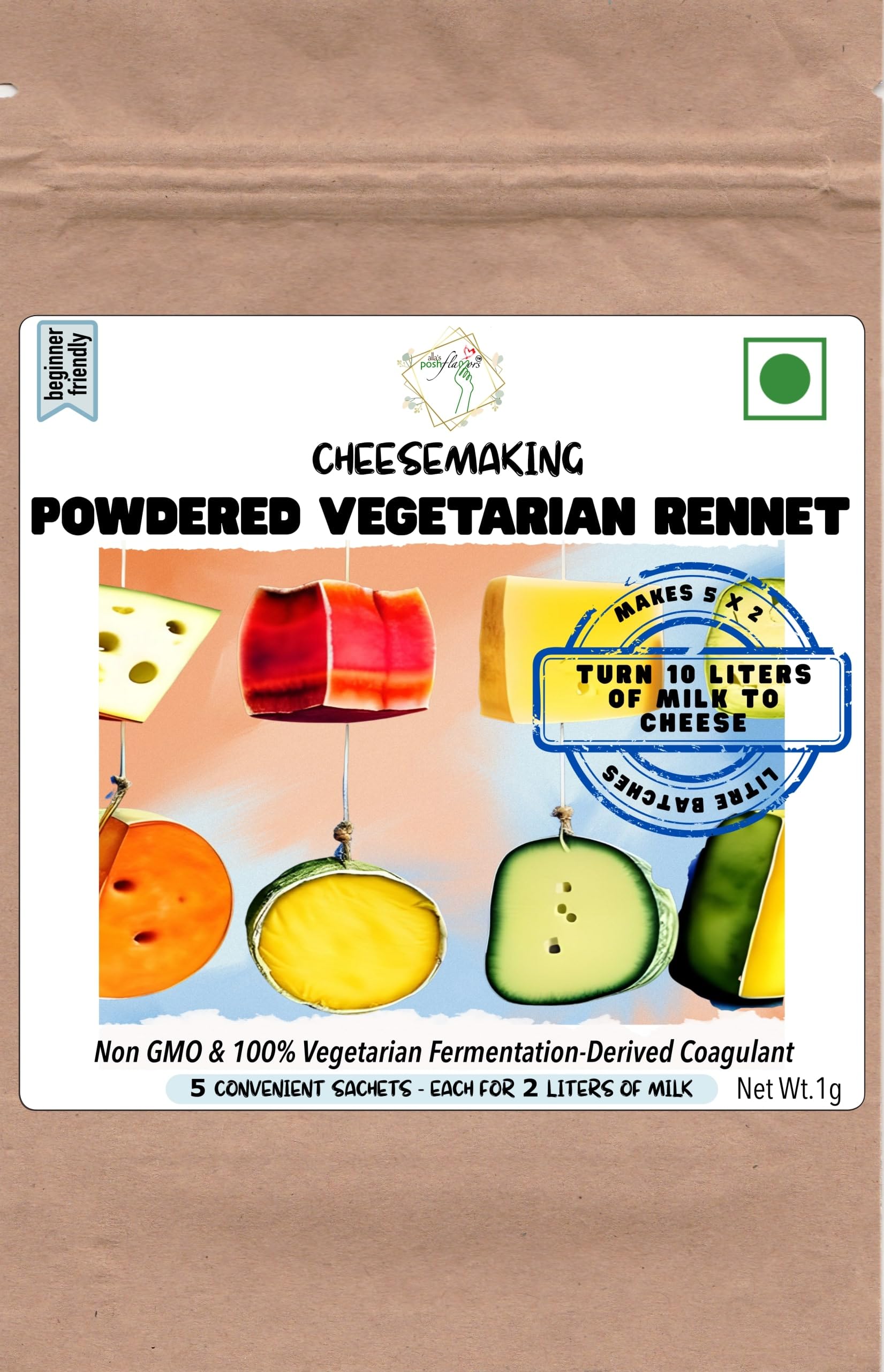 Alla's Posh Flavors Powdered Vegetarian Rennet|Posh Flavors|5 Convenient Sachets,Each For 2 Litres Of Milk|Non-Gmo|Gluten-Free|100% Veg|Make Cheese Easily At Home-image-28