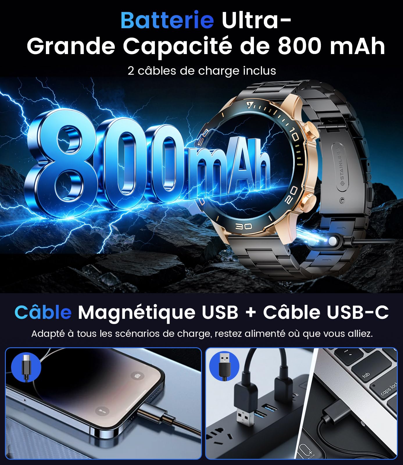 LIGE Montre Connectée Homme. 1.43" HD 800mAh Compatible Android/iOS | Écran HD AMOLED, Batterie Haute Capacité, 170+ Sports, étanchéité IP68, Appels Bluetooth, Santé 24/7, 2 bracelets